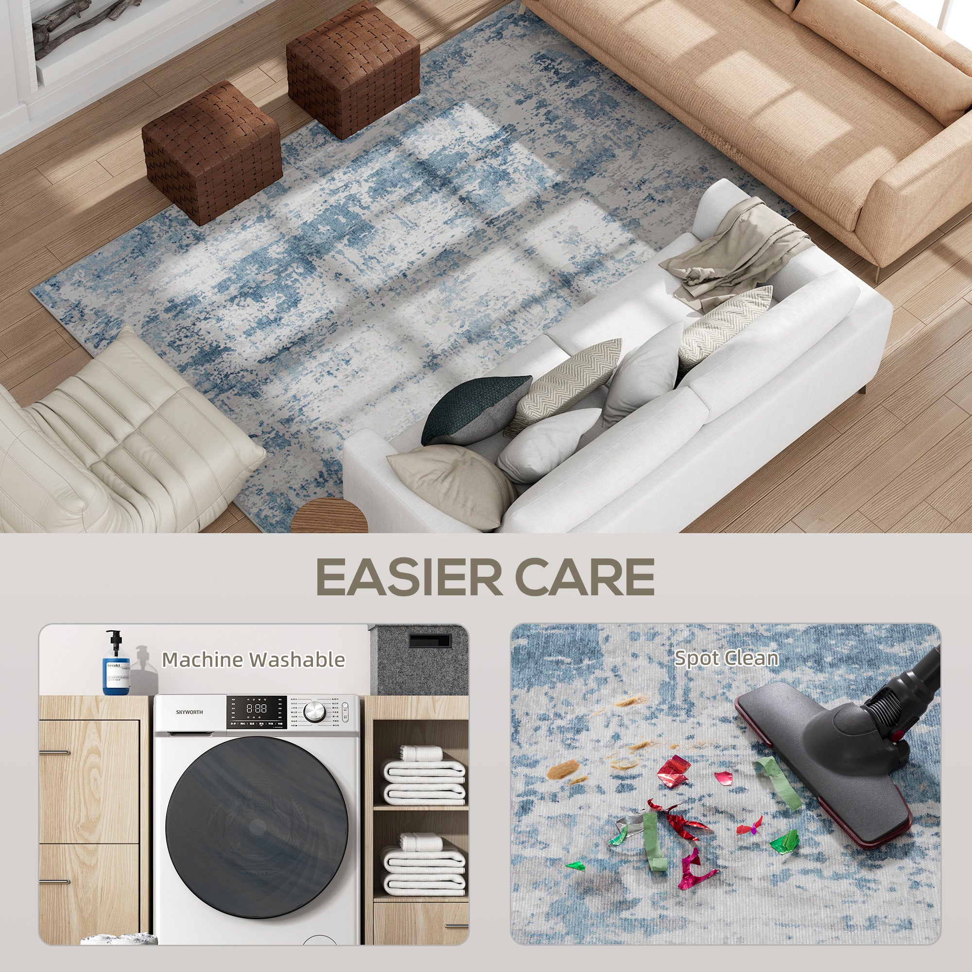 Area Rug 4x6, Machine Washable Rug, Non-Slip Modern Abstract Floor Carpet for Living Room, Bedroom, Dining Room, Blue