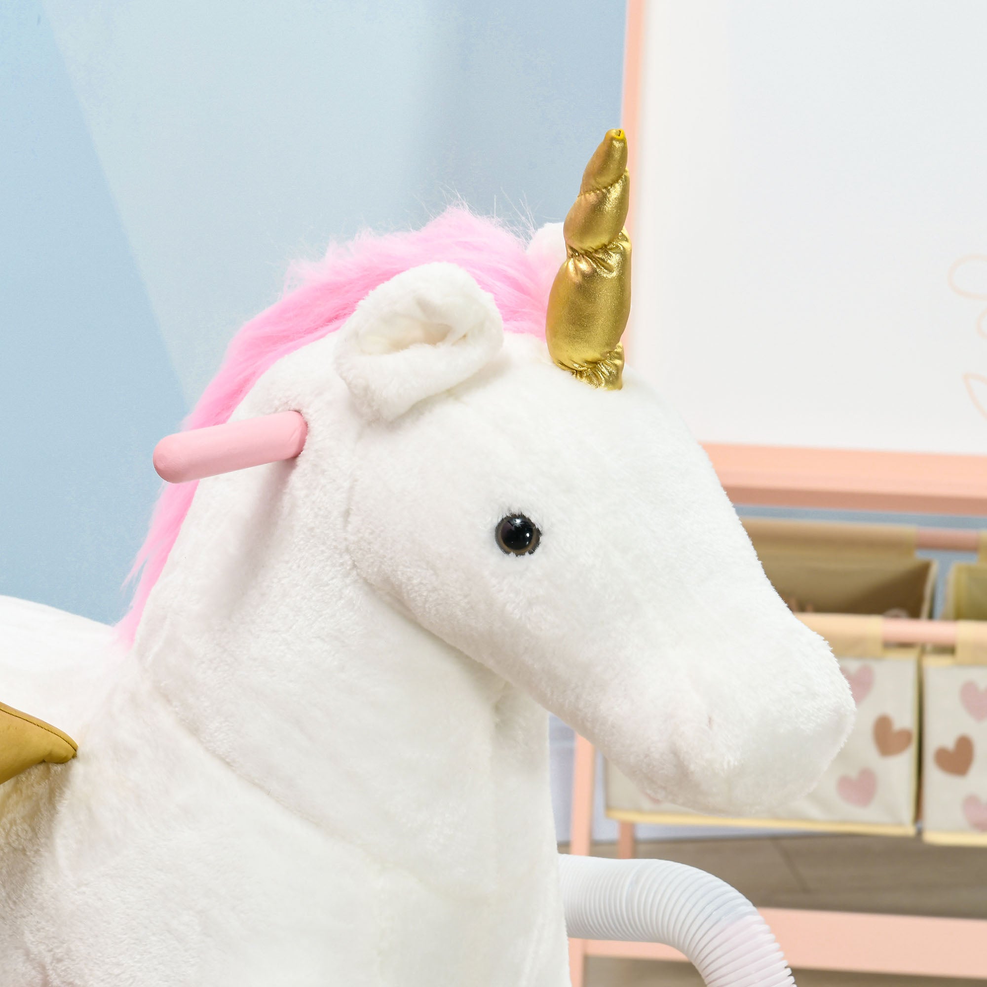 Kids Spring Rocking Horse Unicon, Ride on Horse for Girls and Boys with Sounds, Plush Animal Ride-on Toy with Soft Feel, Interactive Toy for Kids, Pink