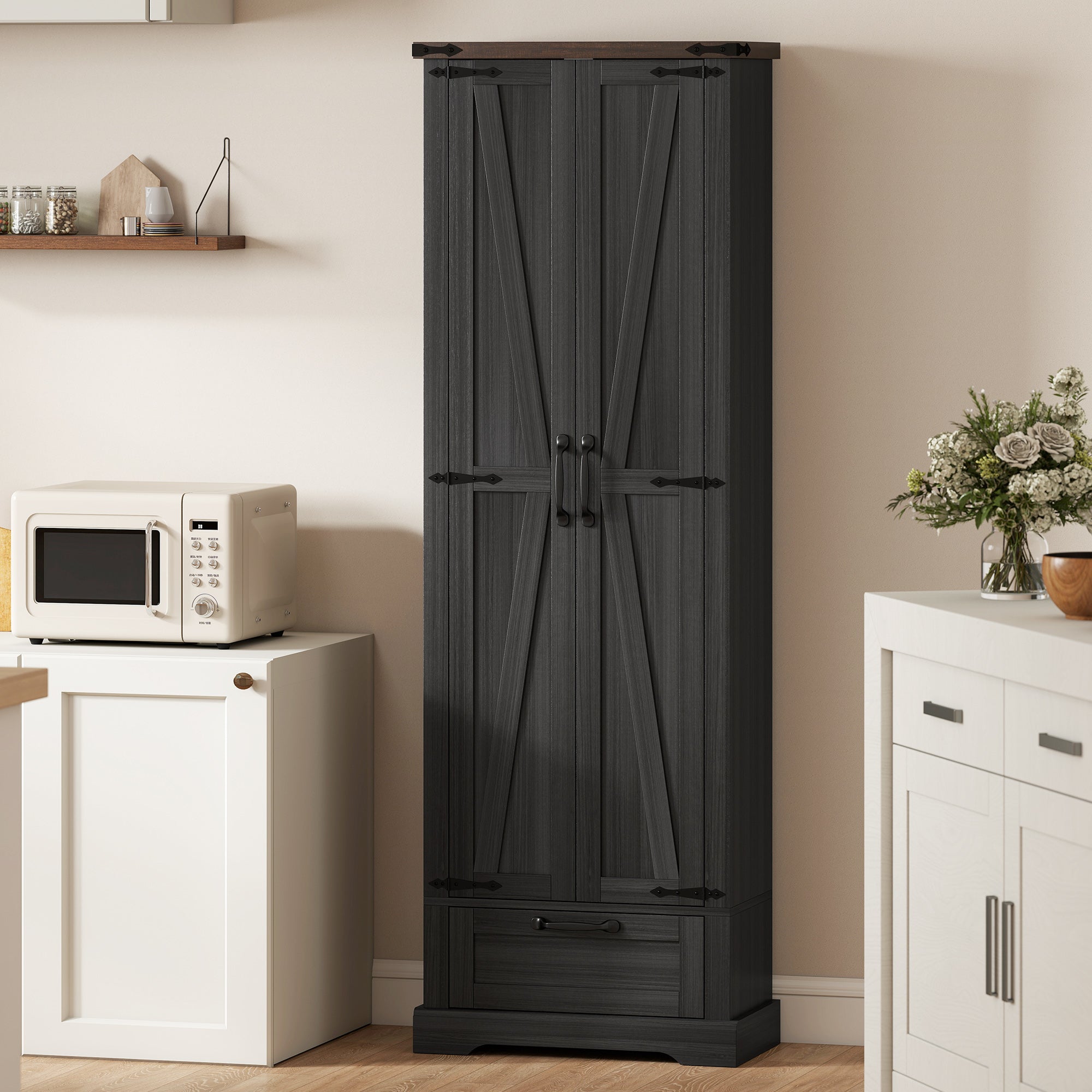 71" Pantry Cabinet, Kitchen Storage Cabinet with Adjustable Shelves, Barn Doors and Drawer for Dining Room, Black