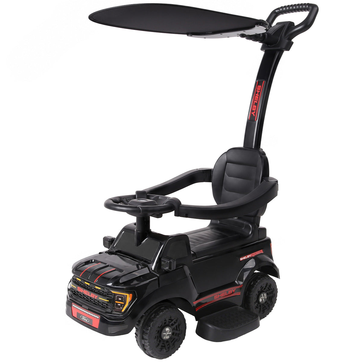 3-in-1 Push Car for 1-3, Licensed Ford Shelby Sliding Walking Car with Parent Handle, Canopy, Guardrail, Storage, Black