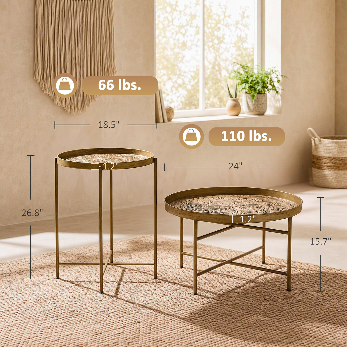 Coffee Table Set for Living Room, Round Center Table Set with Hammered Tray Top and Metal Frame for Bedroom, Gold