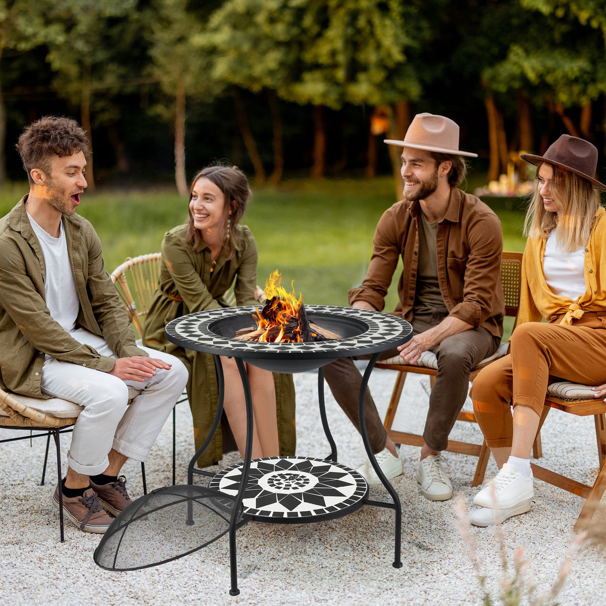 30" Outdoor Fire Pit Dining Table, 3-in-1 Round Wood Burning Fire Pit Bowl, Patio Ice Bucket with Storage Shelf