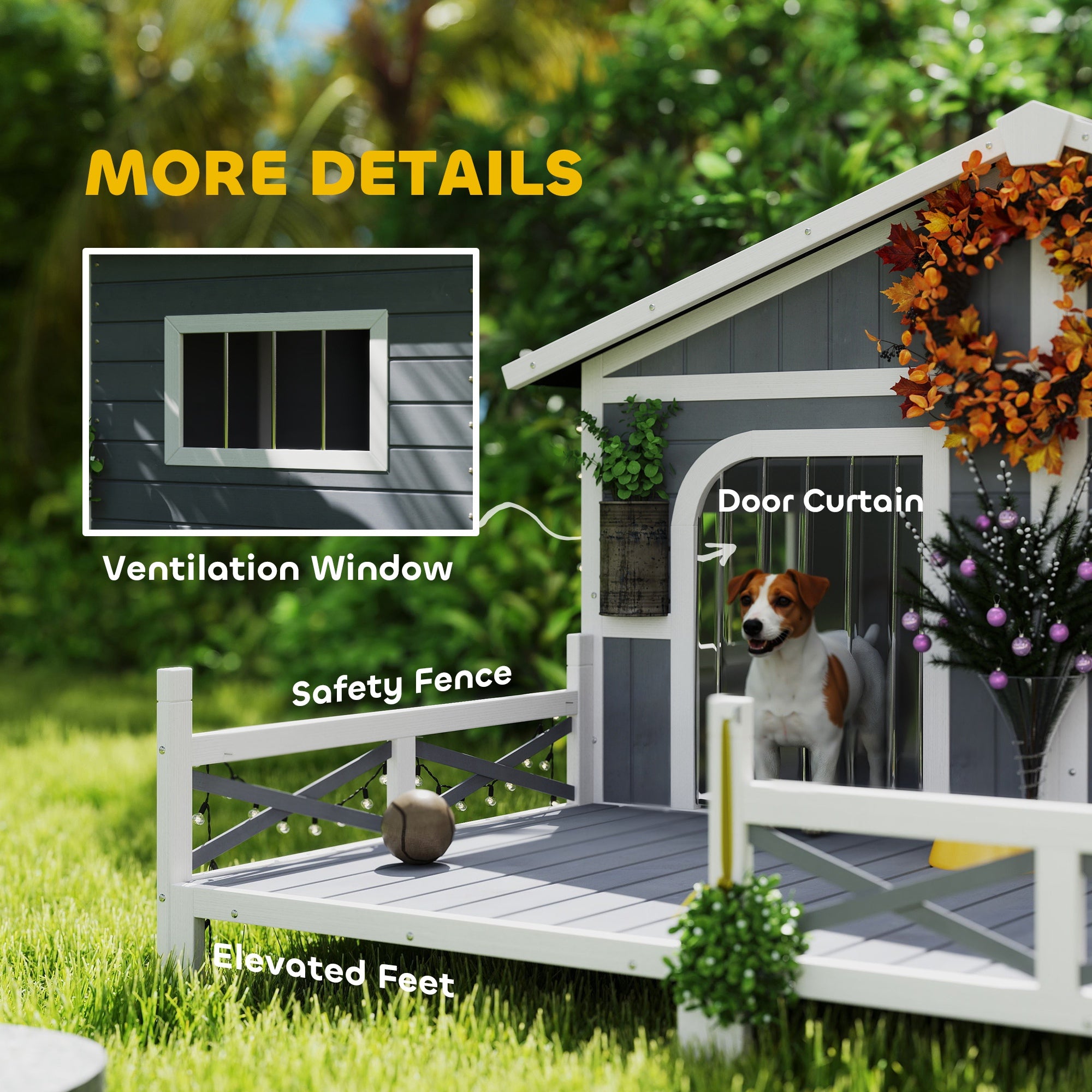 Dog House Outdoor, Wooden Dog Kennel Weatherproof with Porch, Openable Roof, Removable Bottom, Elevated Floor, Double Room for 2 Small to Medium Breeds, Gray - Grey - Image 7