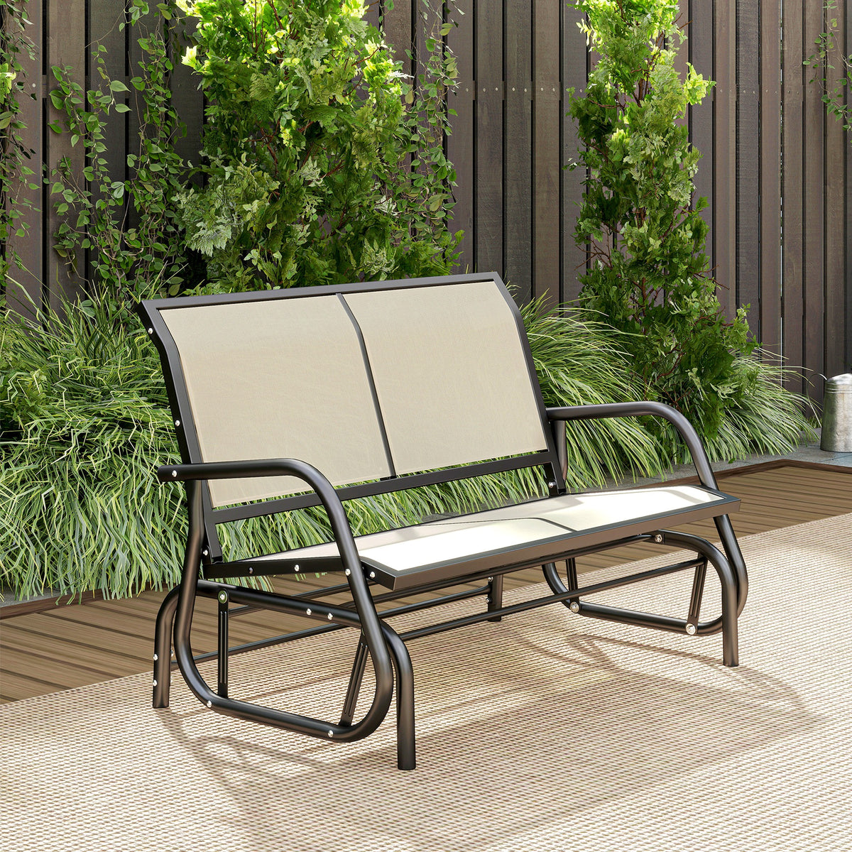 2-Person Outdoor Glider Bench, Patio Double Swing Rocking Chair Loveseat w/Powder Coated Steel Frame for Backyard Garden Porch, Beige