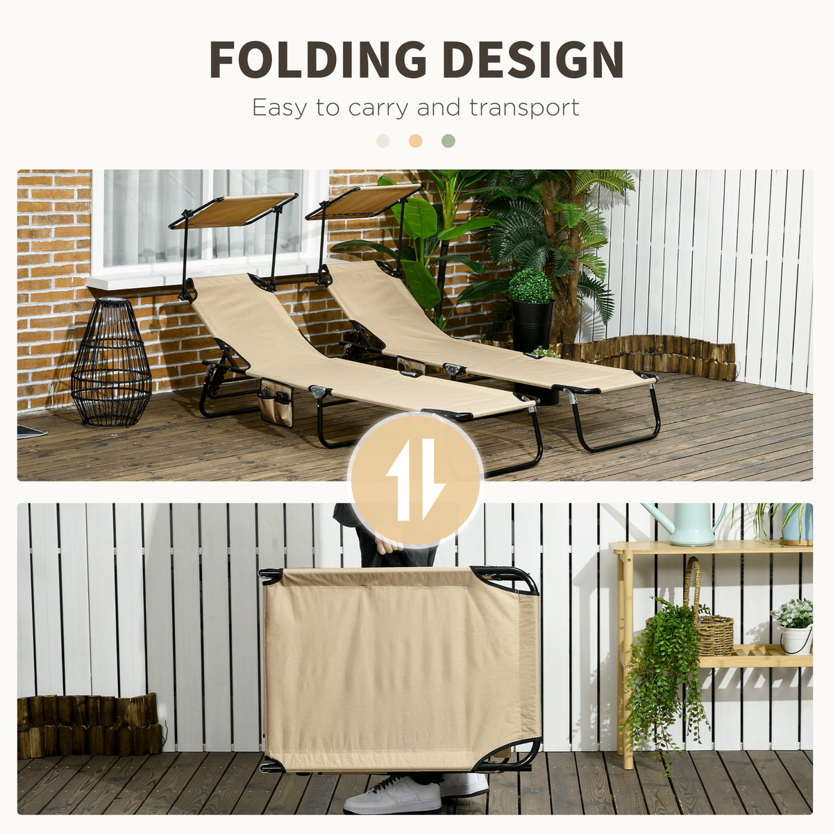 Chaise Lounge Pool Lounge Chairs Set of 2, Outdoor Sun Tanning Chairs, Reclining Back, Steel Frame and Side Pocket, Tan