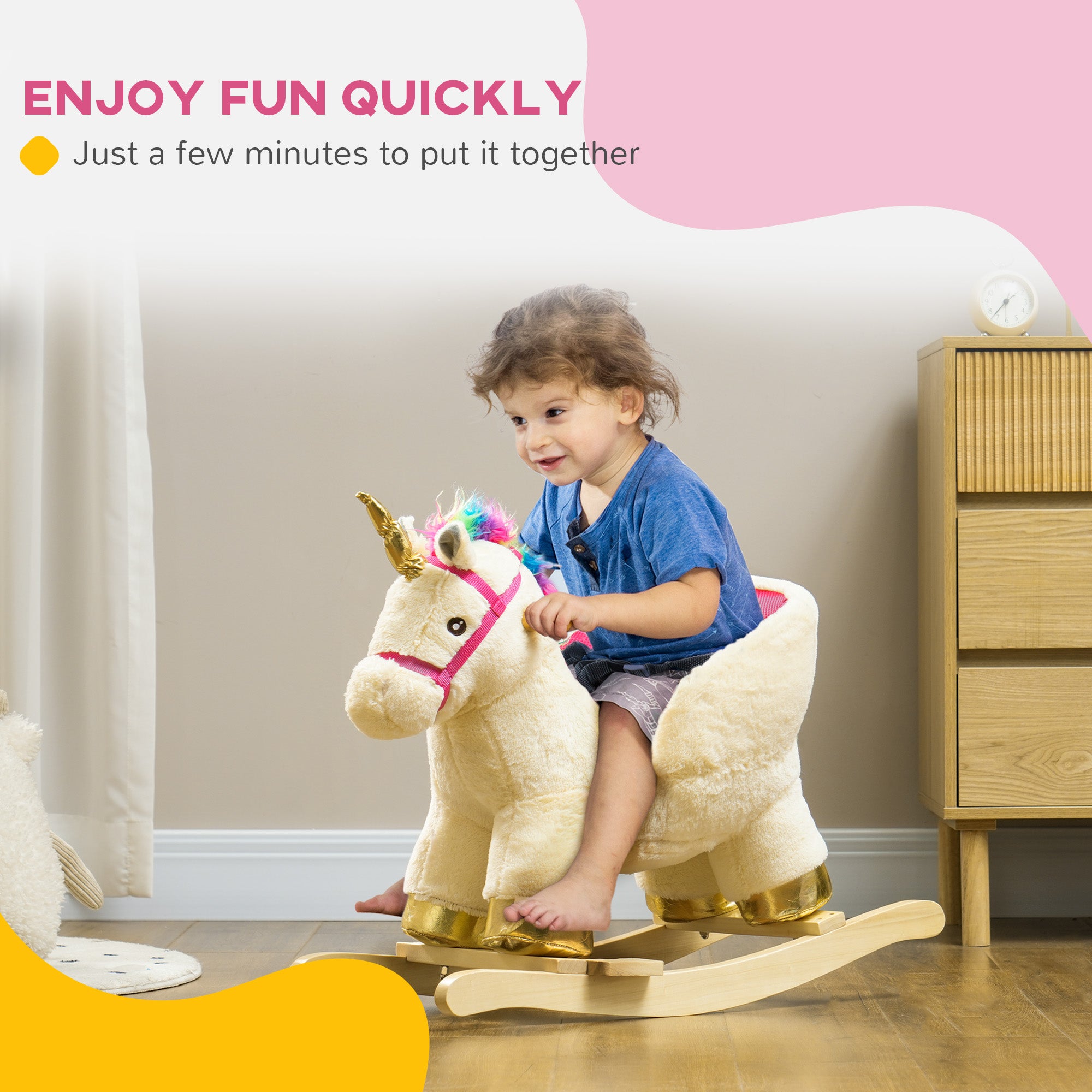 Kids Rocking Horse, Unicorn with Realistic Sound, Safety Belt & Wooden Base for 18-36 Months