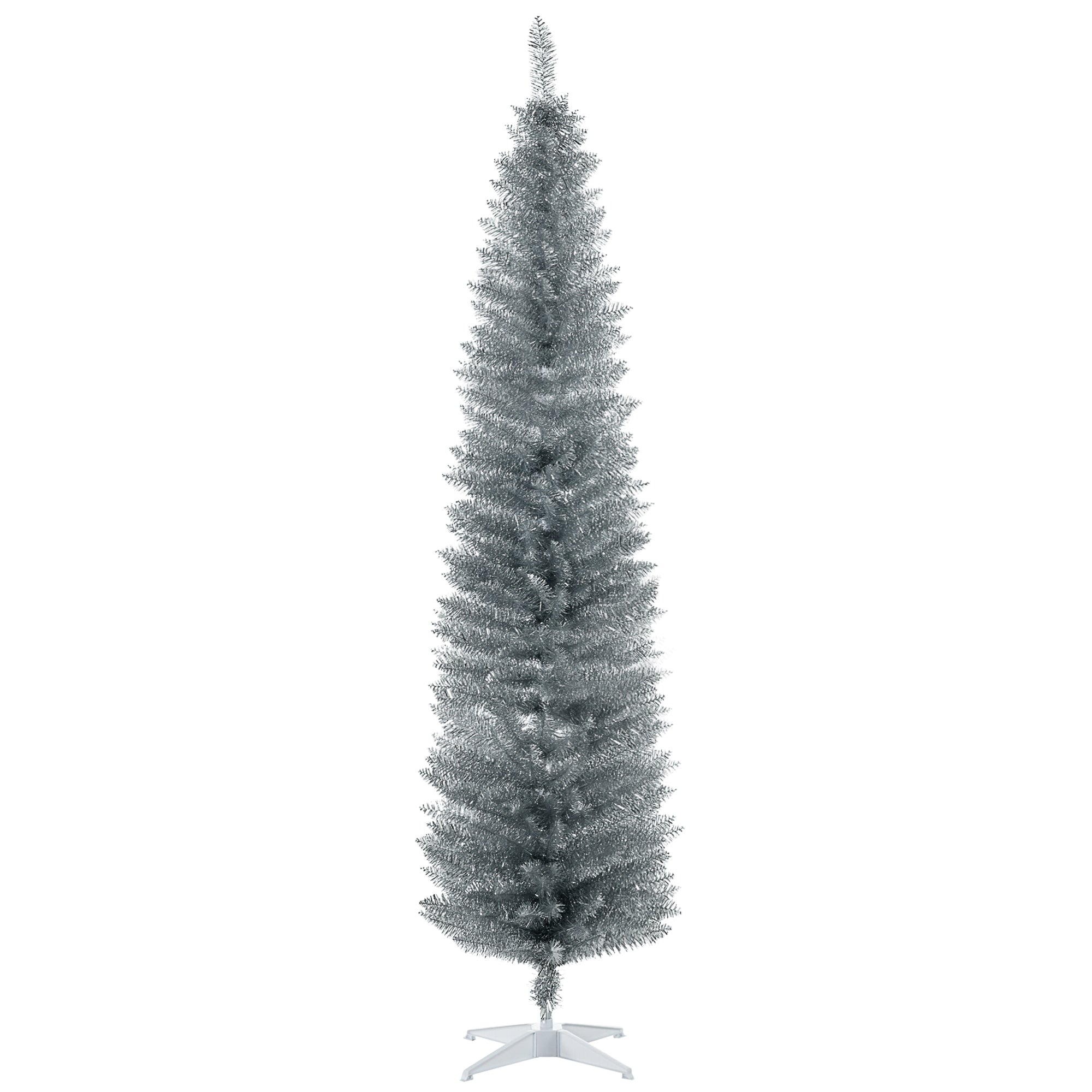 7ft Unlit Pencil Artificial Christmas Tree with Realistic Branches and 499 Tips, Plastic Base, Silver