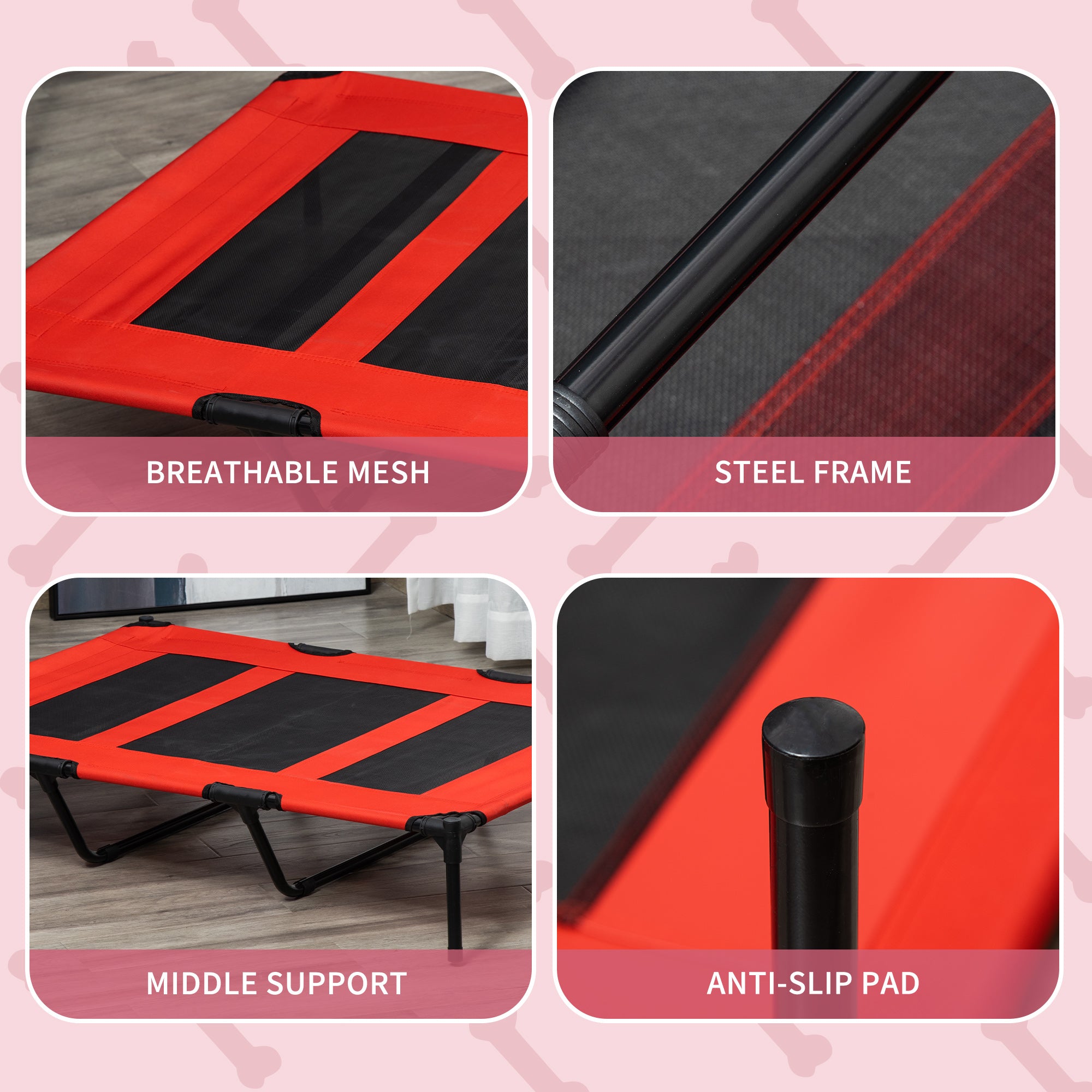 XL Elevated Dog Bed, Outdoor Raised Dog Bed, Portable Pet Cot w/Carry Bag Metal Frame Breathable Mesh Indoor and Outdoor Red - Red - Image 6