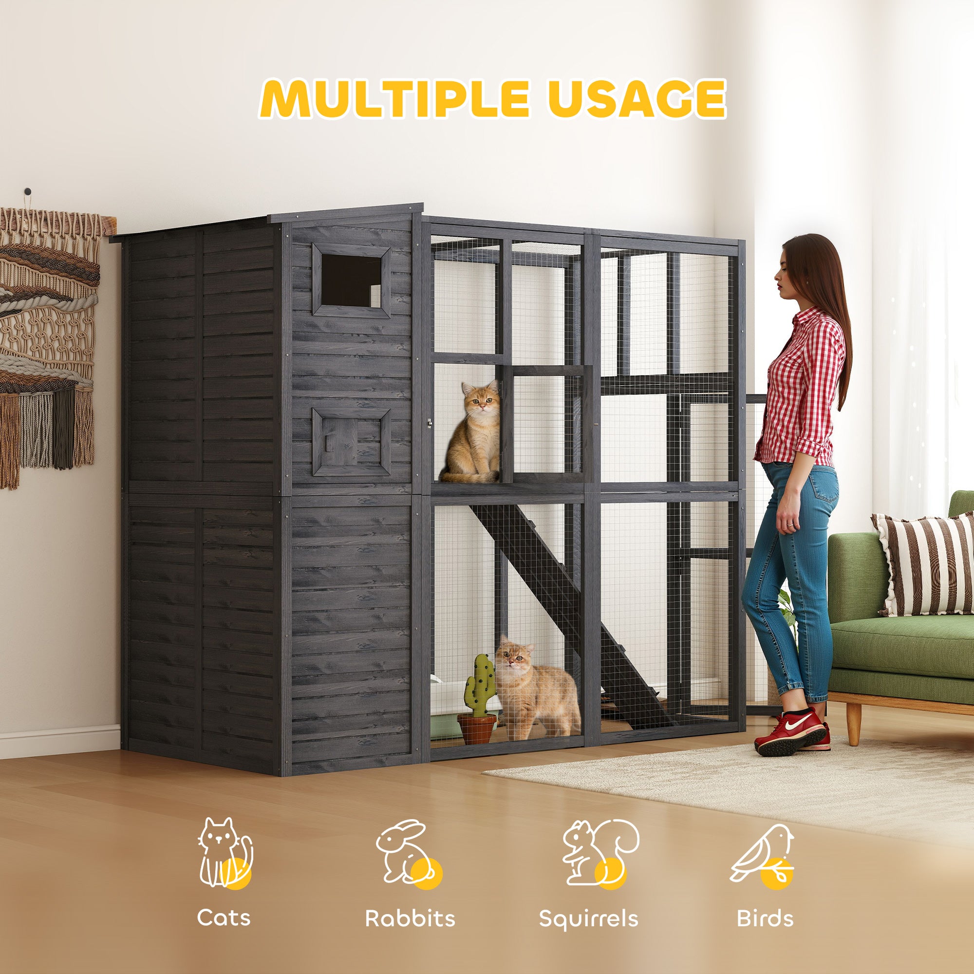 Wooden Outdoor Catio with Platforms, Asphalt Roof, Ramps, Gray - Gray - Image 5