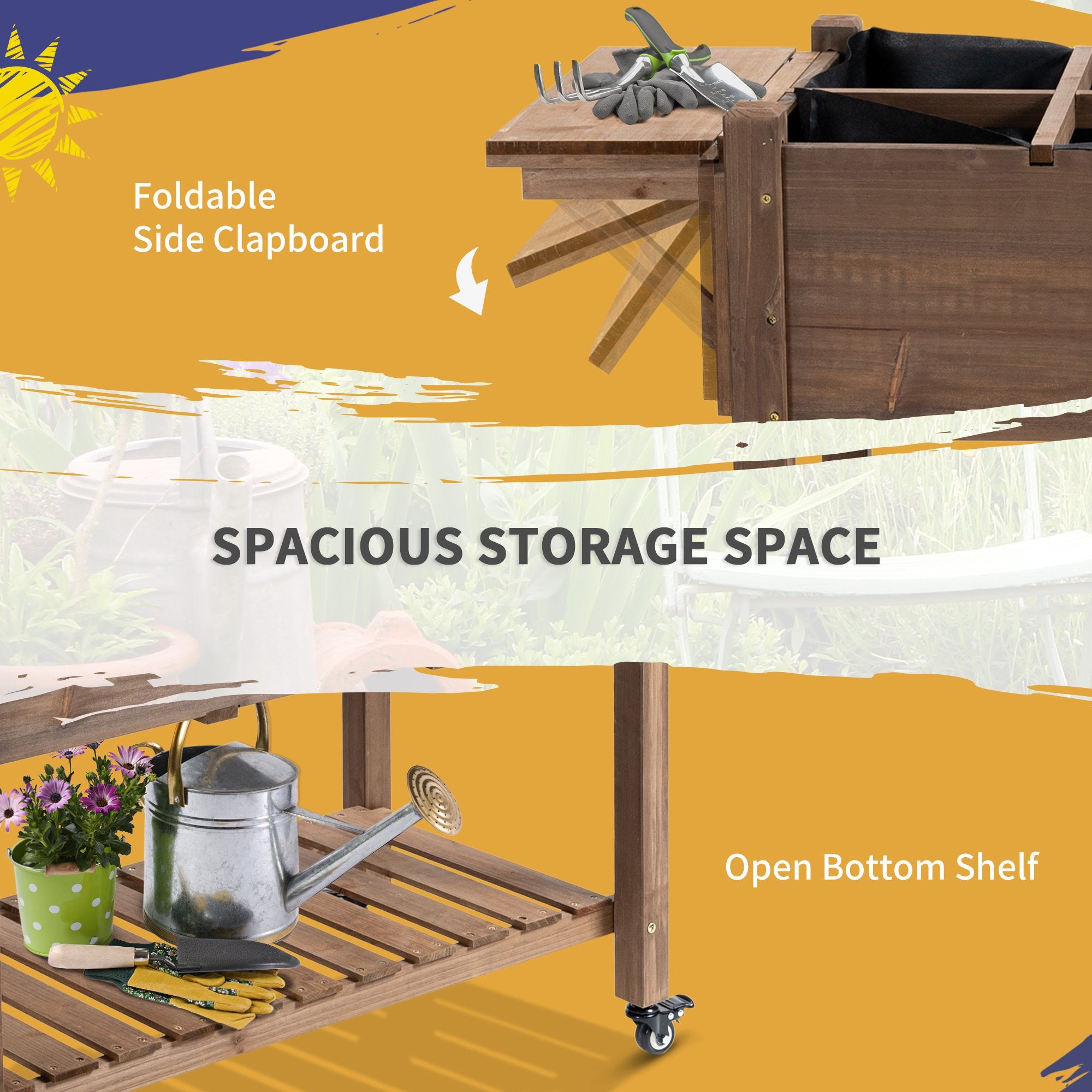 Wooden Garden Box, 34.25H with 8 Pockets and Lockable Wheels, Foldable Side Clapboard, Elevated and Self-Draining Design, to Grow Herbs, Vegetables, and Flowers, Brown - Brown - Image 7