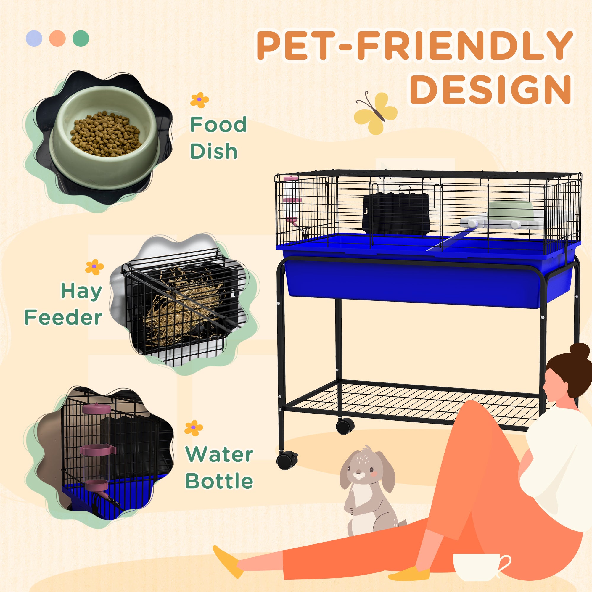 Two-Story Small Animal Cage Removable from Stand, Pet Habitat with Shelf & Wheels, 33" x 18.5" x 35", Blue - Blue - Image 7