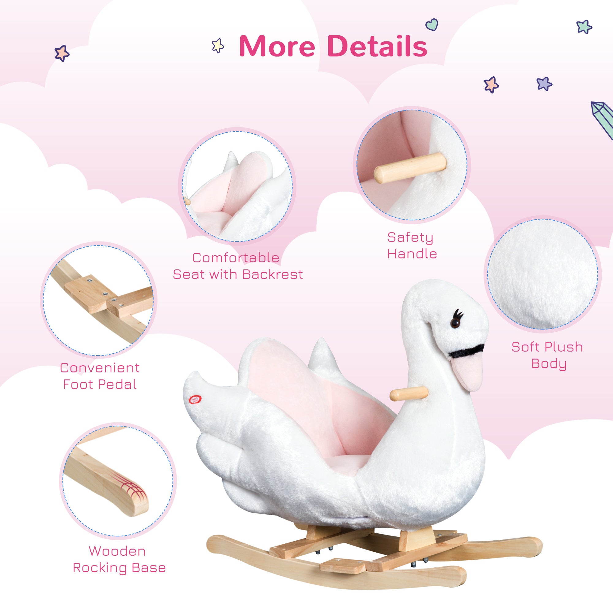 Kids Ride On Rocking Horse Plush Swan Style Toy with Music for Over 18 Months Children, White and Pink