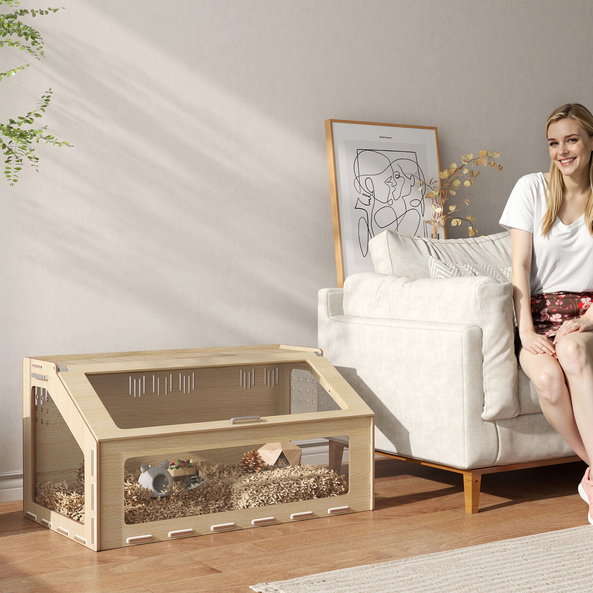 39 inch Hamster Cage Habitat with Acrylic Window & Openable Top for Dwarf Hamster, Gerbil, Guinea Pig, Rat, Oak - Oak - Image 2