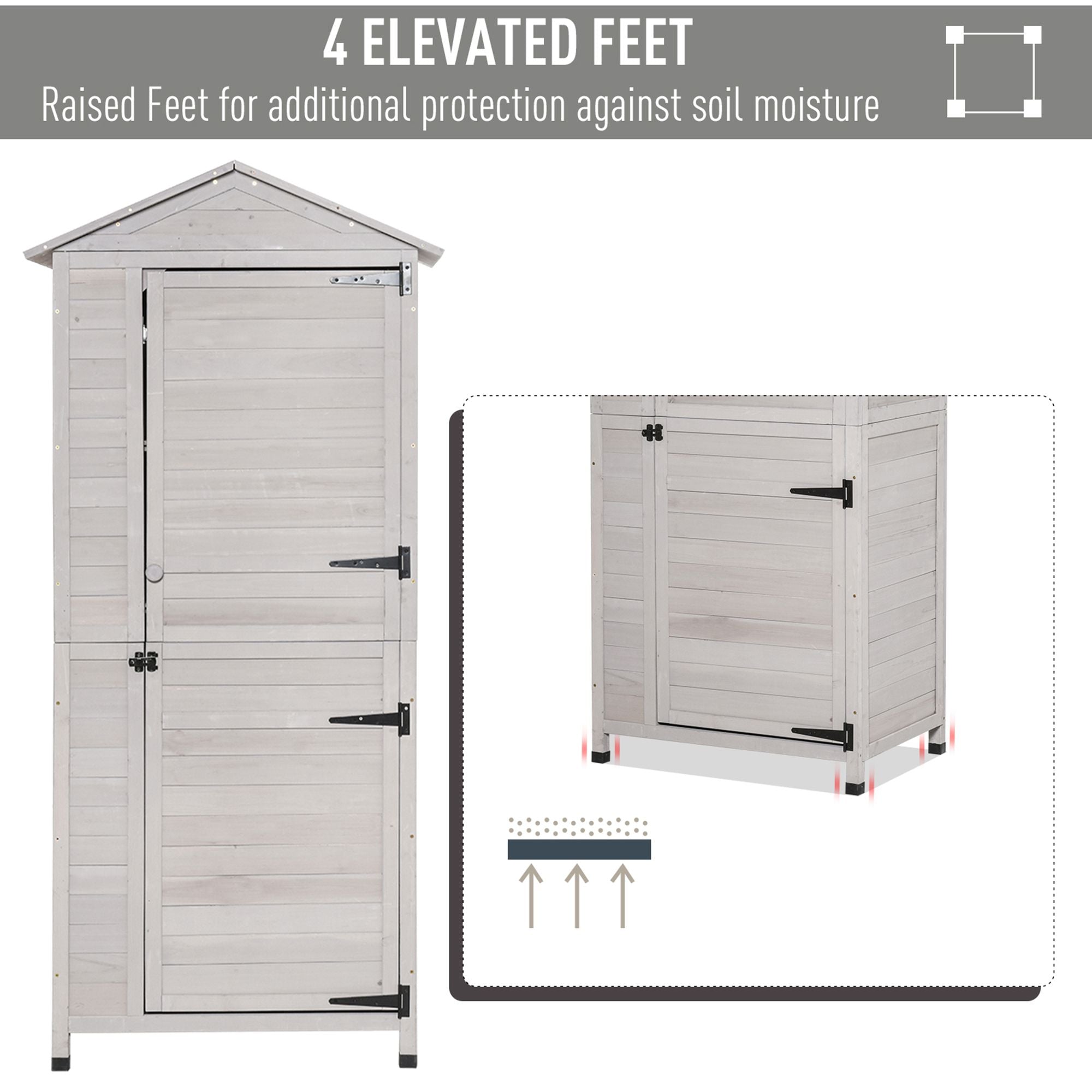 Wooden Garden Cabinet 4-Tier Storage Shed Lockable Organizer w/ Foot Pad Handle - Light Grey - Image 7