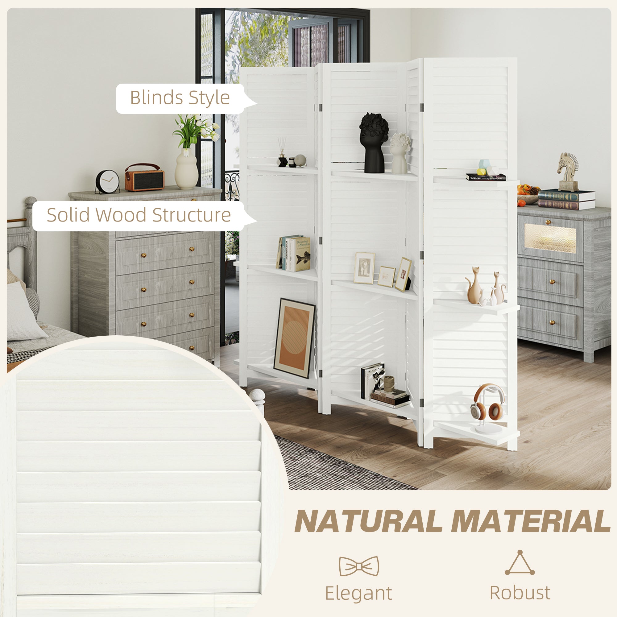 5 Panel 67" Tall Wood Privacy Screen Room Divider with 3 Shelves and Folding Storage for Bedroom, White
