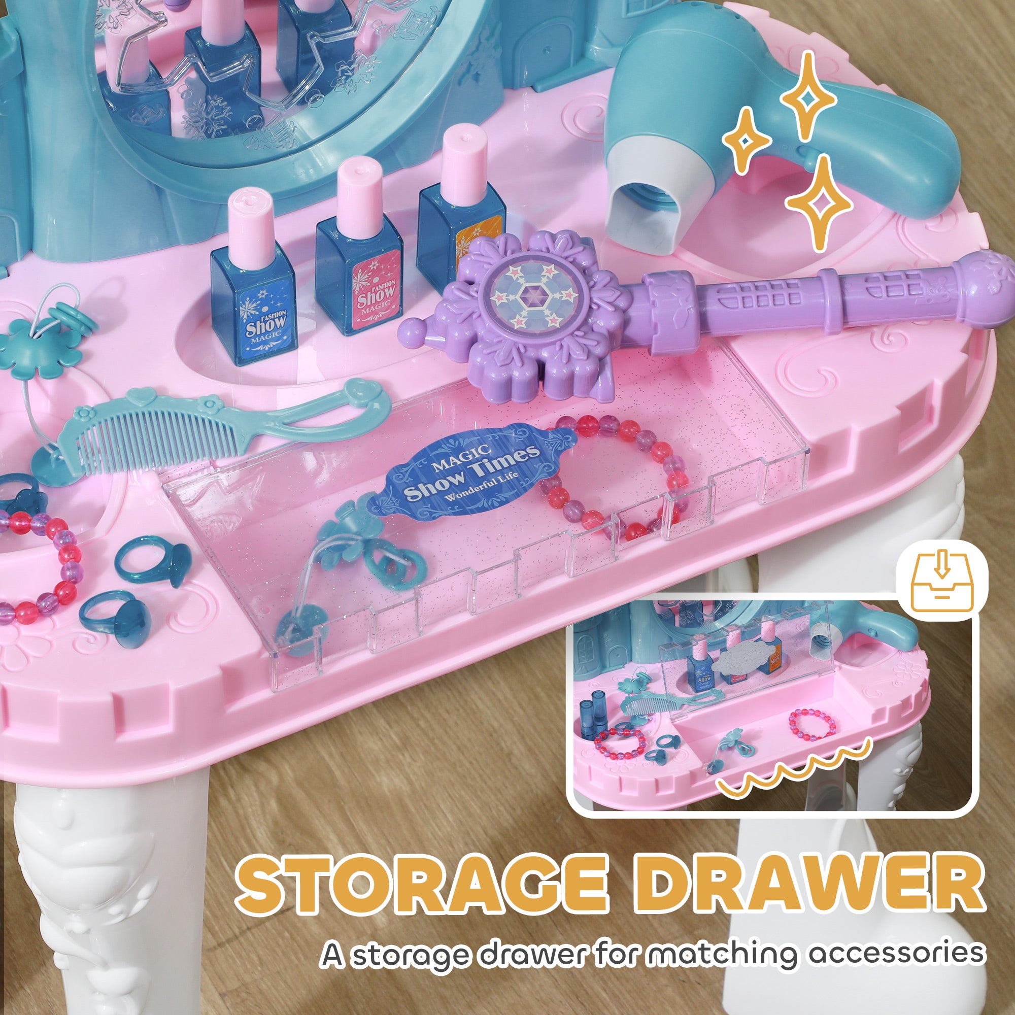 Kids Vanity Set with Mirror and Stool, Light, Music, Castle Design Makeup Table for Girls 3-6 Years, Multicolor