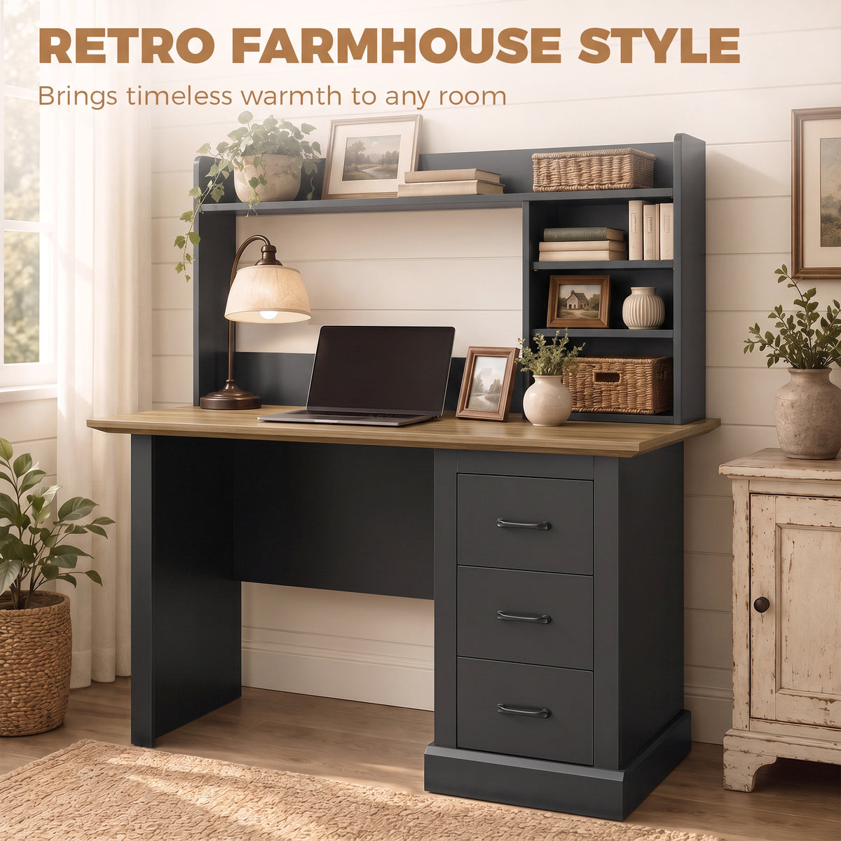 Computer Desk with 3 Drawers and Storage Shelves, 47" Home Office Study Writing Table, Walnut and Black