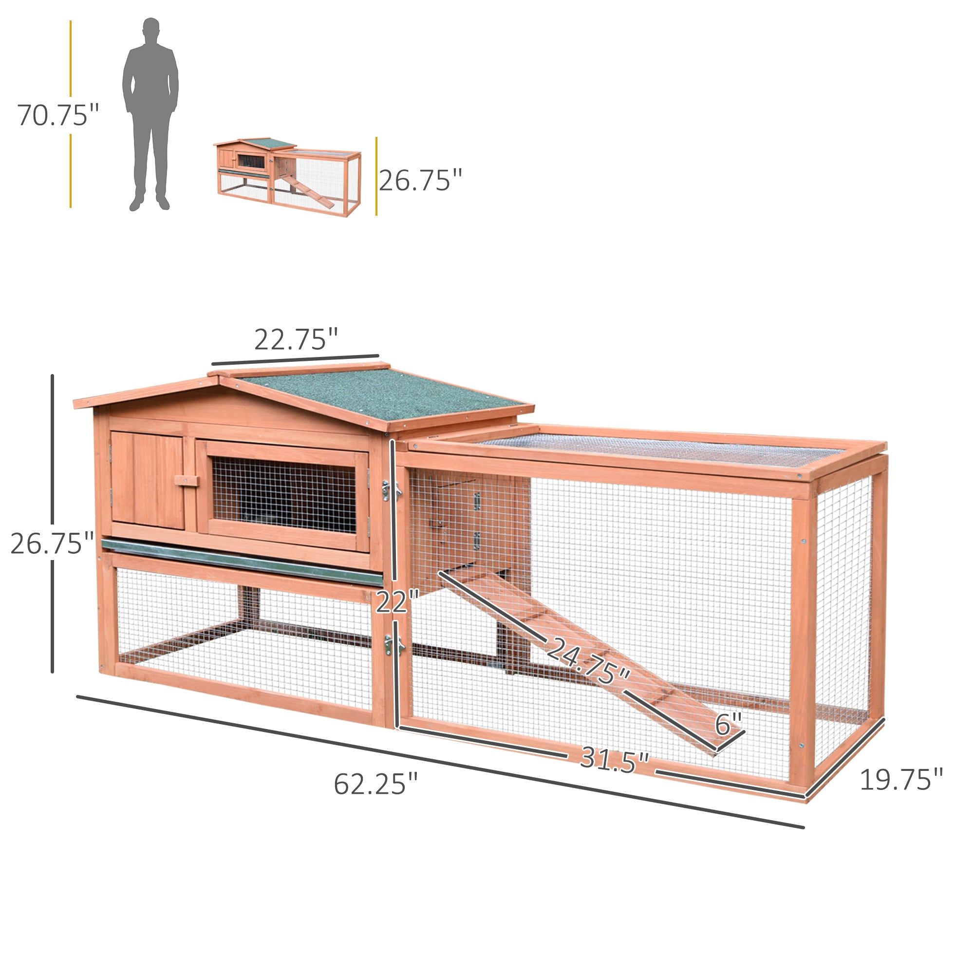 Rabbit Cage Outdoor, 62" Wooden Outdoor Rabbit Hutch, Small Animal Habitat with Detachable Run and Elevated Main House, Natural - Natural Wood - Image 3