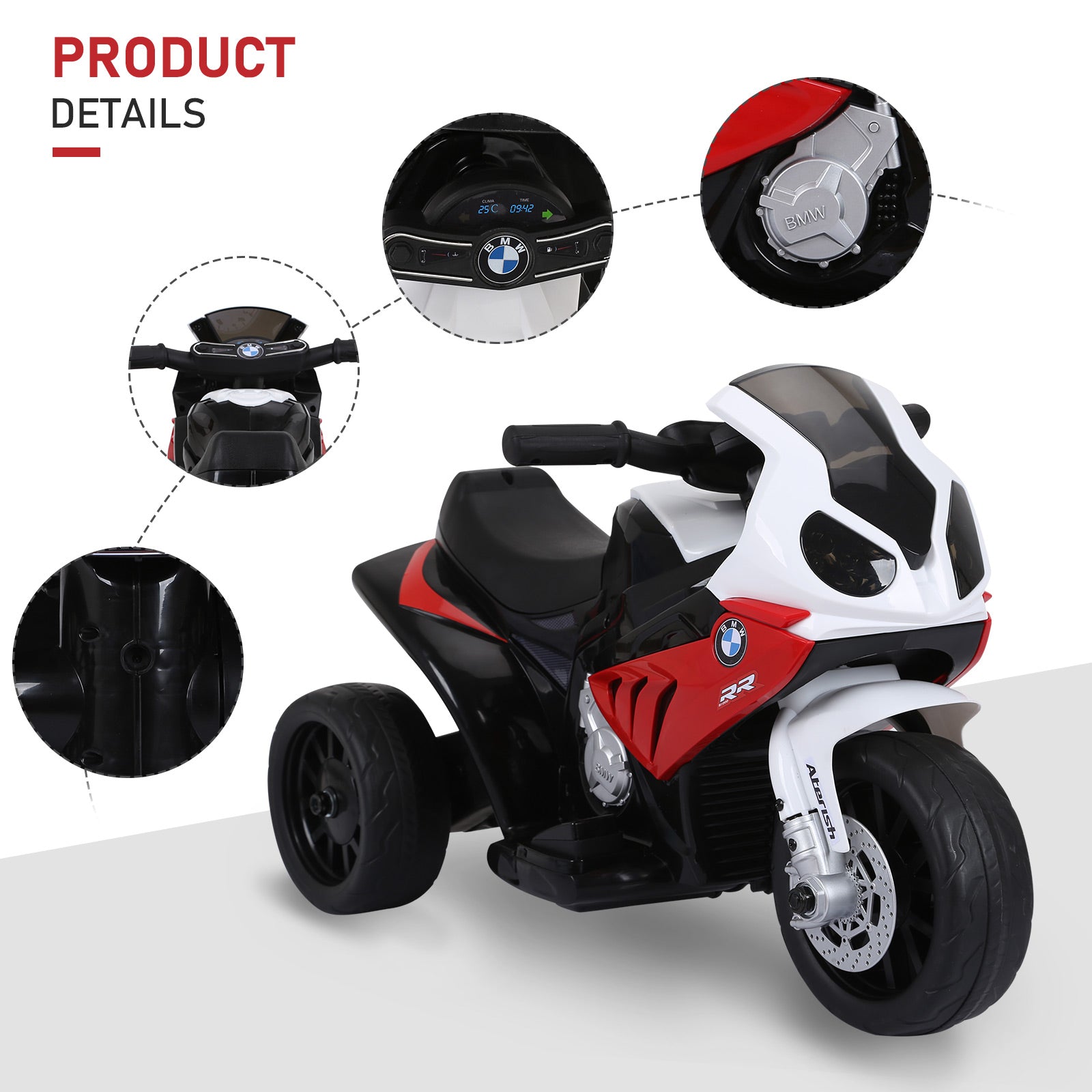 6V 3 Wheeled Electric Motorcycle, Kids Motorcycle Licensed BMW with Headlight, Music, Red