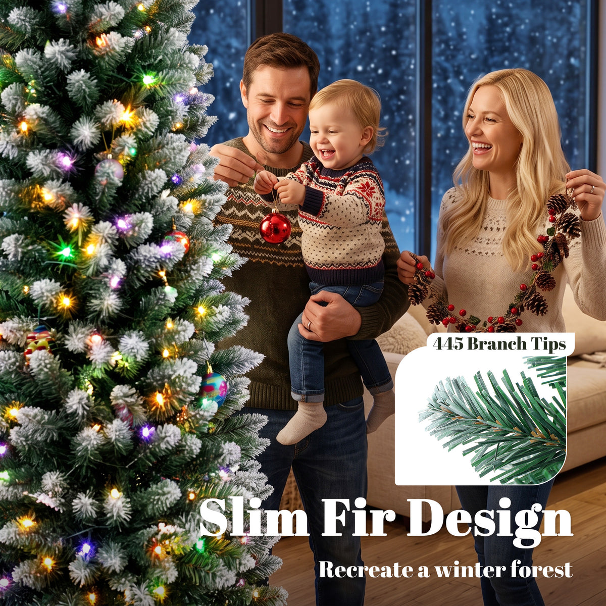 8ft Pencil Prelit Christmas Tree, Dual Color LEDs, Flocked, Remote, Slim Xmas Tree with 11 Modes, Green White