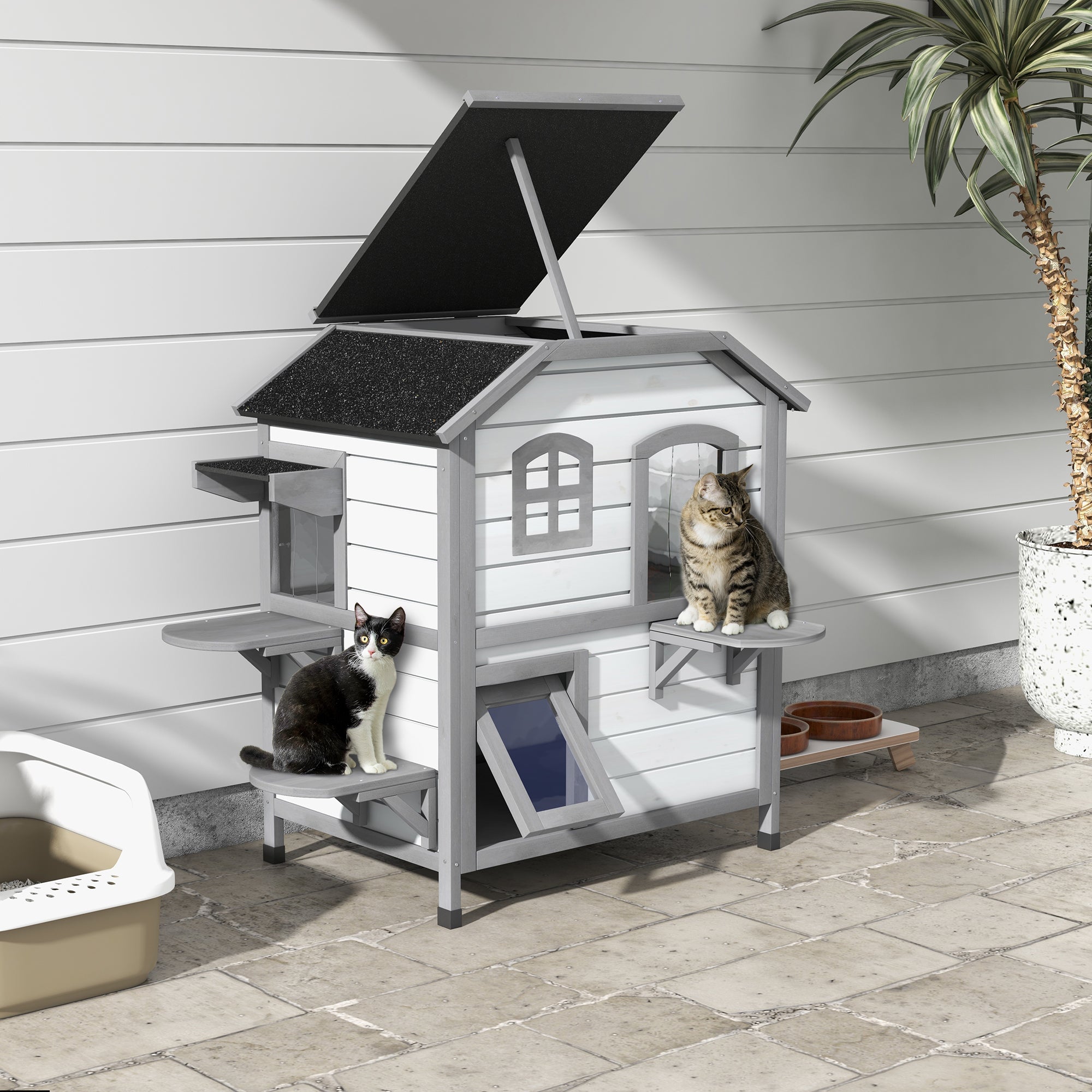 2-story Cat House Outdoor, Weatherproof Wooden Cat Enclosure for Feral Cats with Escape Door, Openable Roof, Jumping Platforms, White - White - Image 2