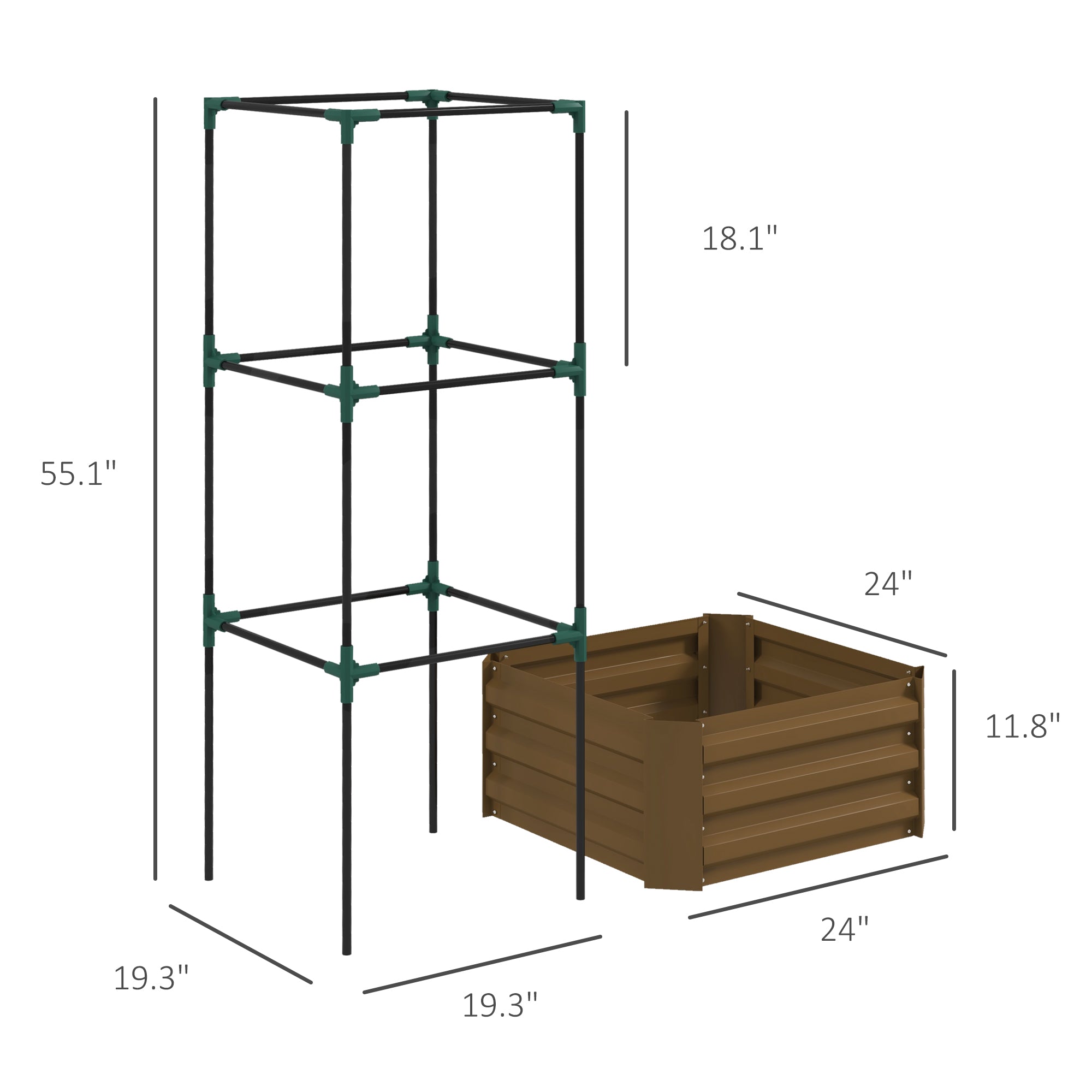 Galvanized Planter Box, 24" x 24" x 55" Raised Garden Bed with Tomato Cage for Climbing Vines, Brown - Brown - Image 3