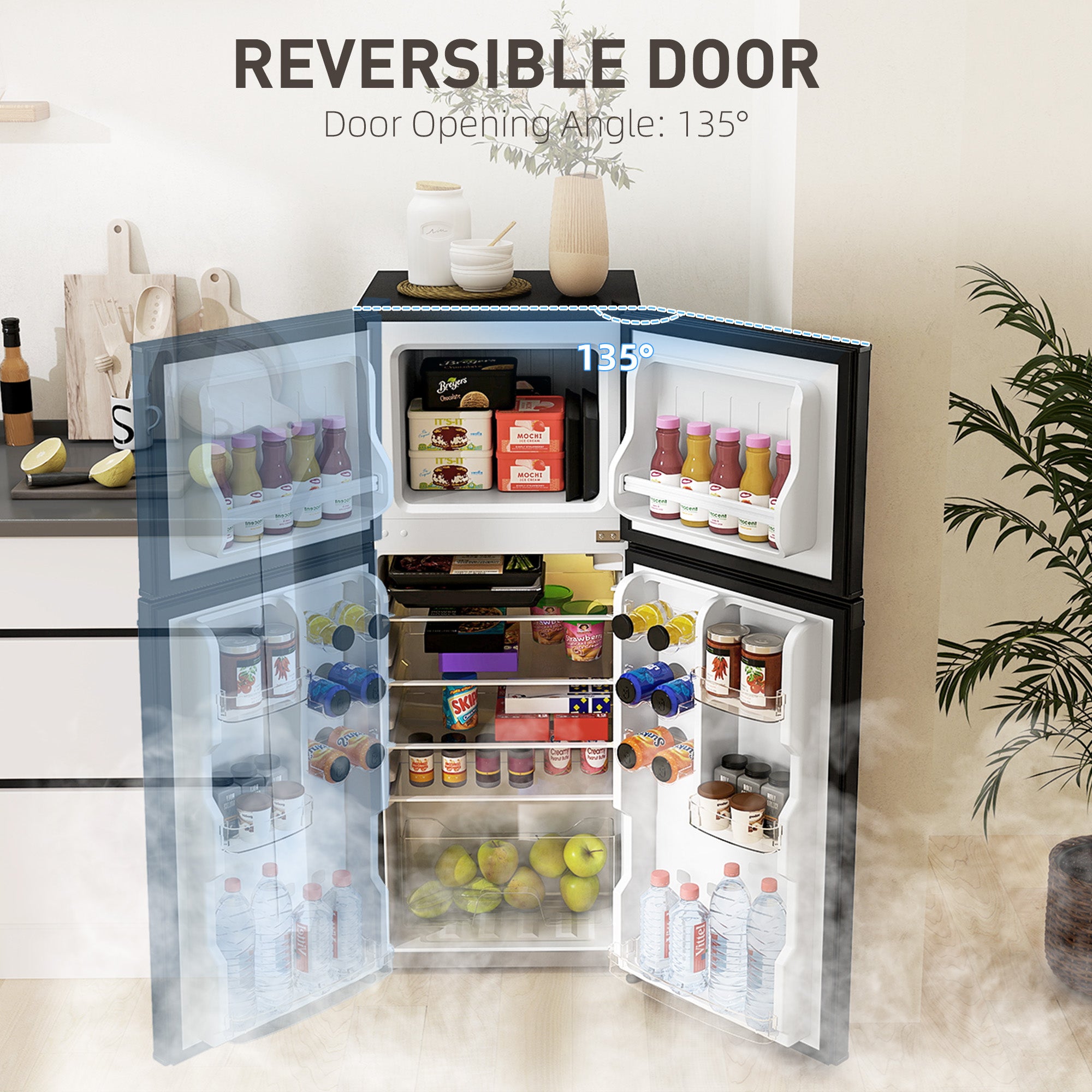 Small Fridge with Freezer, 4 Cu Ft Refrigerator with Reversible Doors, Black