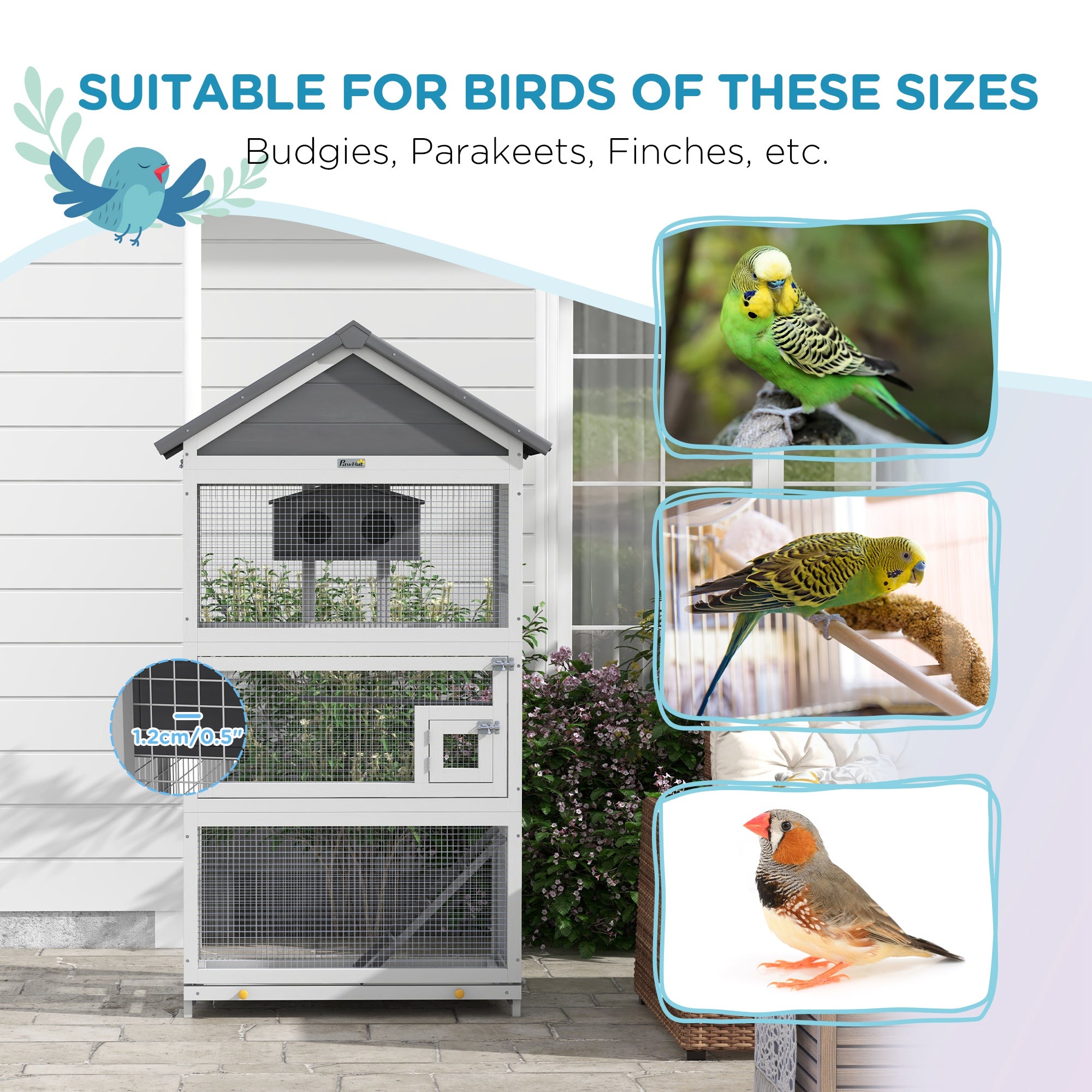 Wooden Bird Aviary with Slide-Out Tray, Birdhouse, Ladder, Perches for Finches, Parakeets, Gray - Gray - Image 6