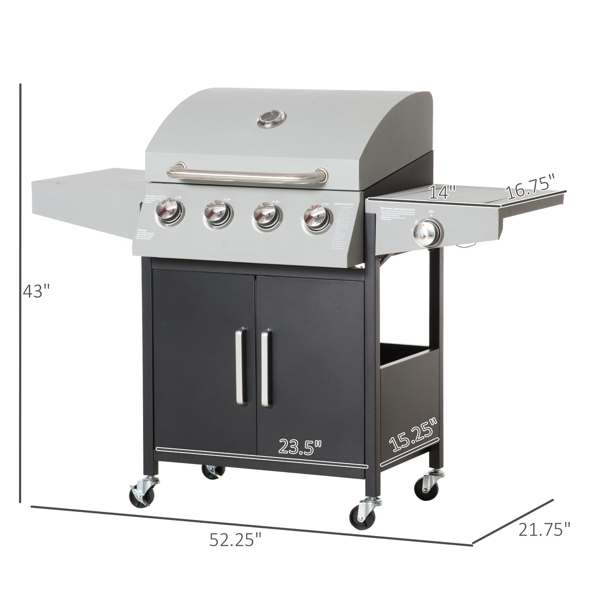 52" Barbecue Grill with Wheels 4+1 Burner Liquid Propane Gas Grill Outdoor Cabinet Style BBQ Trolley w/ Side Burner, Warming Rack, Storage Cabinet