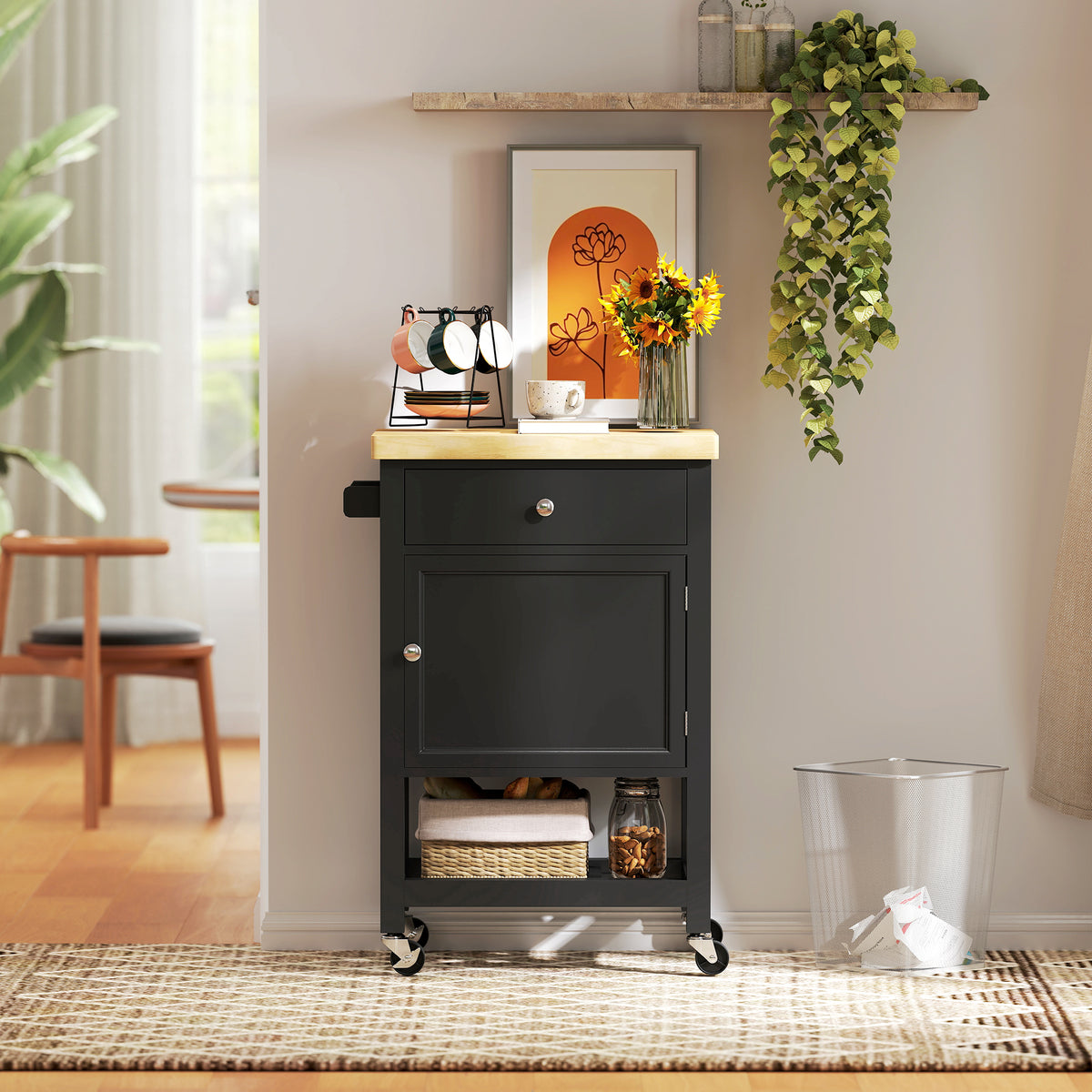 Kitchen Island on Wheels, Rolling Kitchen Cart with Rubberwood Top, Drawer, Wine Rack and Cabinet, Black
