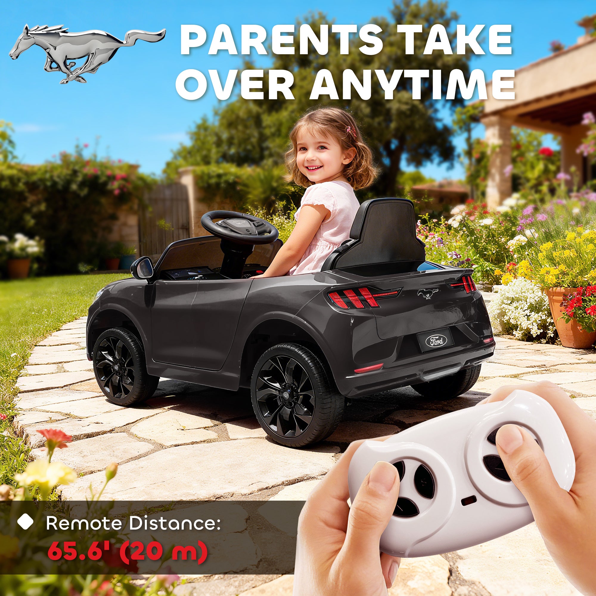 12V Kids Ride On Car, Licensed Ford Mustang Mach-E Electric Car with Remote Control, LED Light, Music, Black