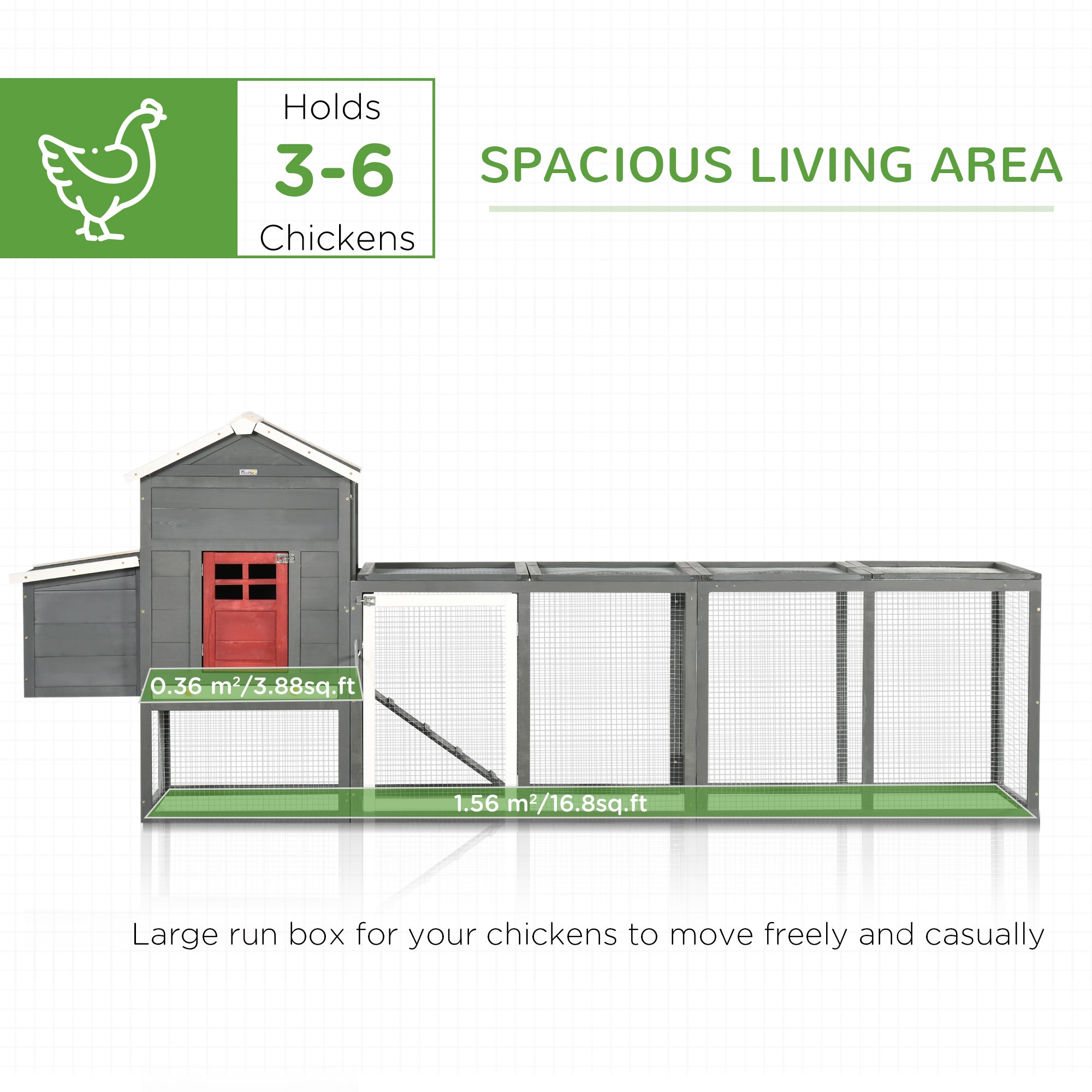 118" Extra Large Chicken Coop with Asphalt Roof, Wooden Hen Run with Slide-Out Tray and Nesting Box, Chicken Hutch for 3-6 Chickens, Gray - Gray - Image 4