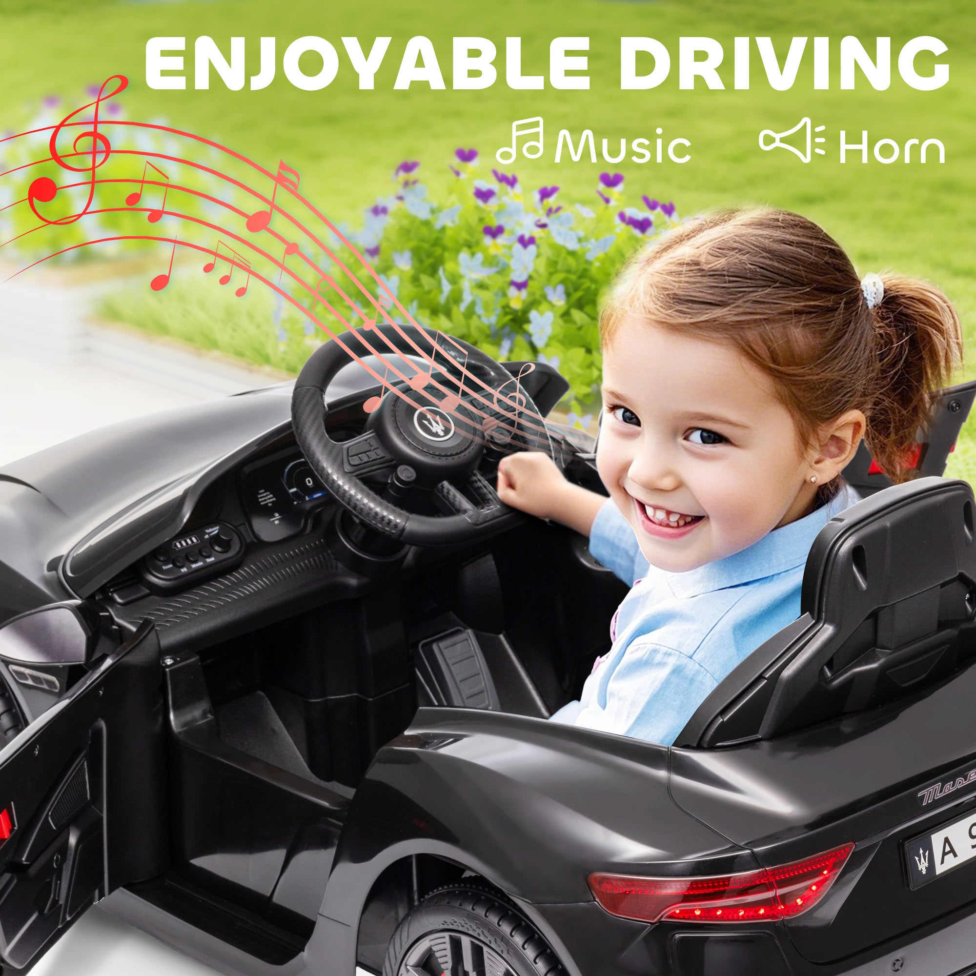 Maserati Gran Turismo Licensed 12V Kids Electric Car w/ Remote Control, Soft Start, LED Lights, Music, Horn, Black