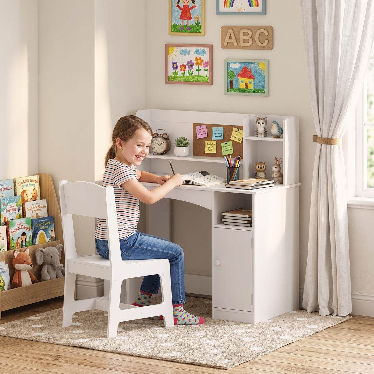 Kids Desk and Chair Set, Wooden Children Study Table with Tiltable Desktop, Storage Cabinet, Hutch for 3-12, White