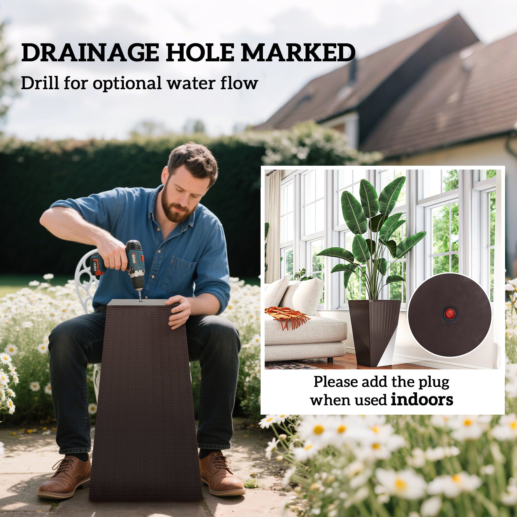 Set of 3 Tall Planters with Drainage Hole, 24" Outdoor Flower Plant Pots, Indoor Planters for Porch, Front Door, Entryway, Patio and Deck, Brown - Brown - Image 5
