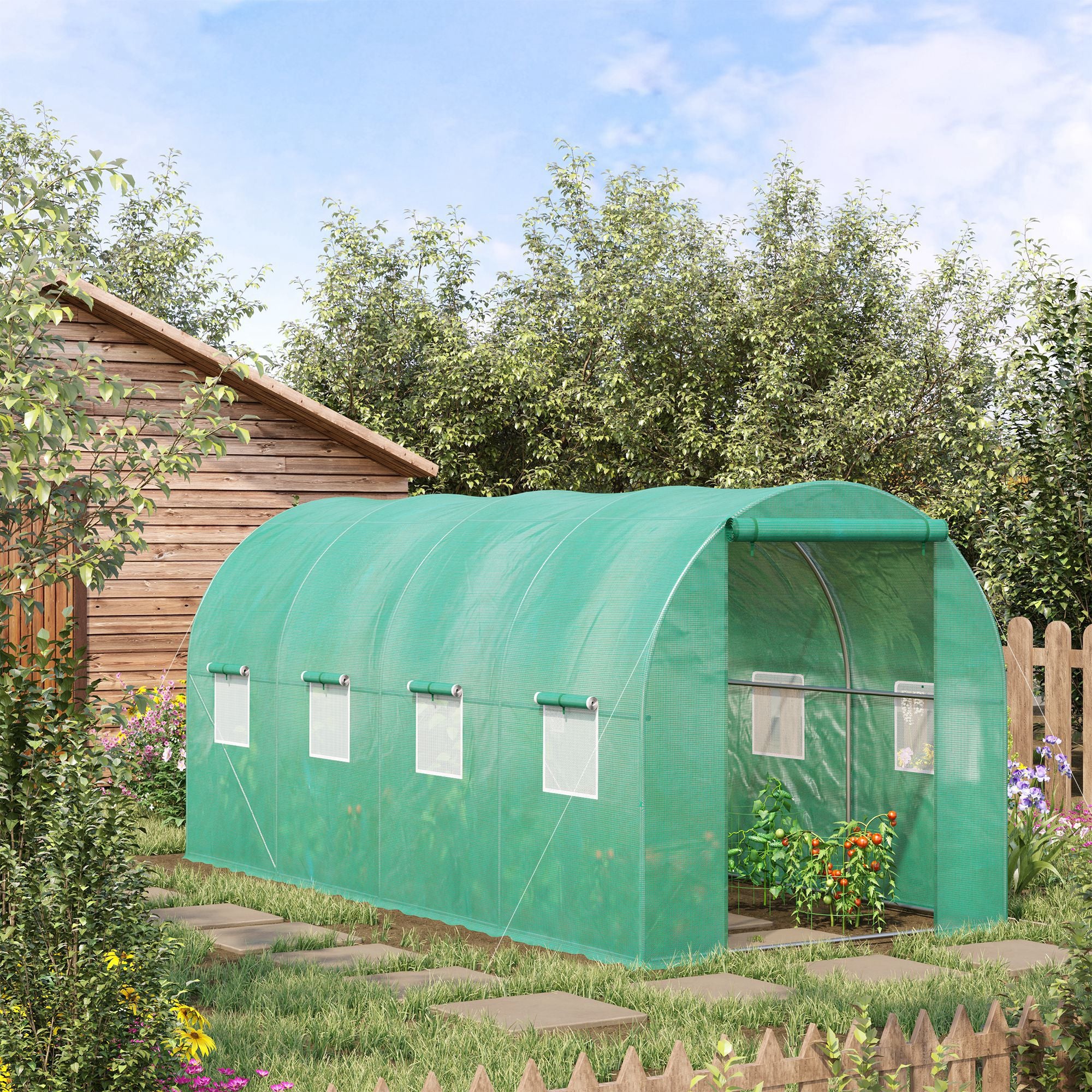 15' x 7' x 6.5' Walk-in Tunnel Hoop Greenhouse, Green House for Outside with PE Cover, Steel Frame, Roll-Up Zipper Door & Windows for Flowers, Vegetables, Tropical Plants, Green - Green - Image 2