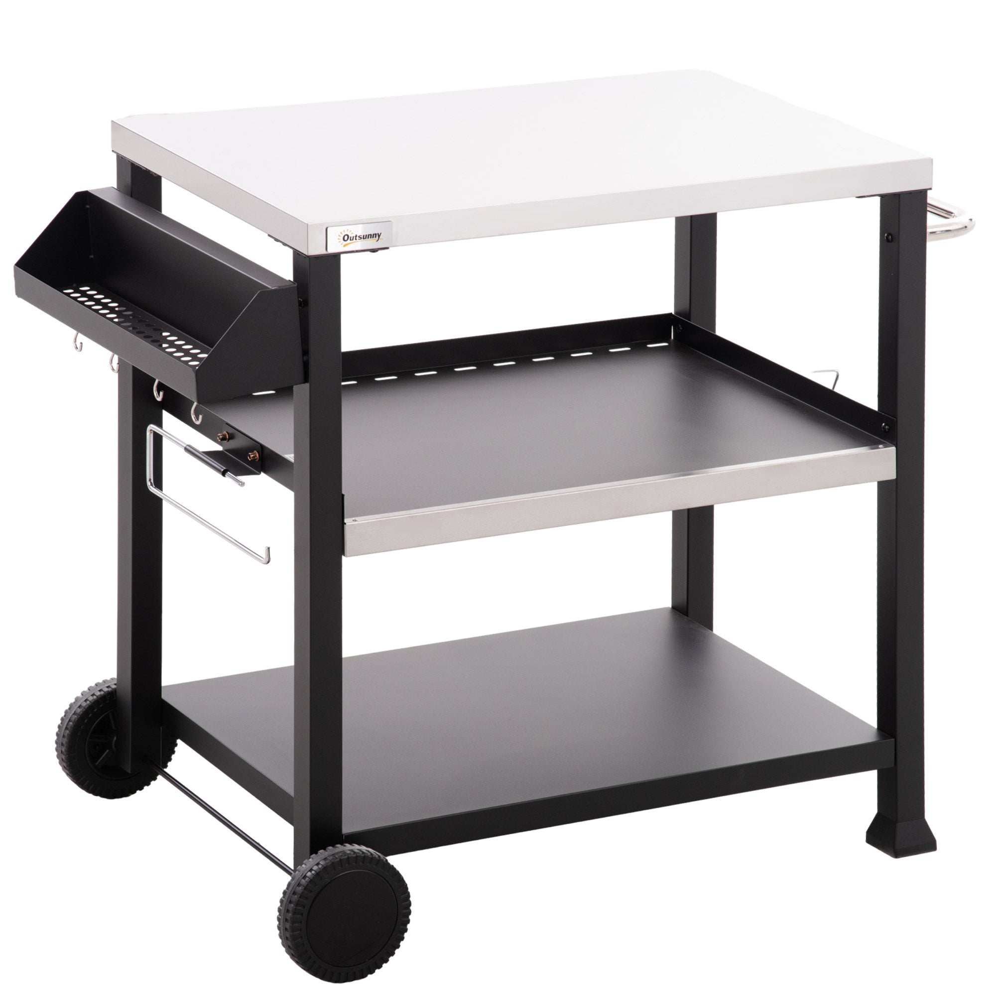 3-Shelf Outdoor Grill Cart Table with Side Handle, Stainless Steel Pizza Oven Stand on Wheels, Black
