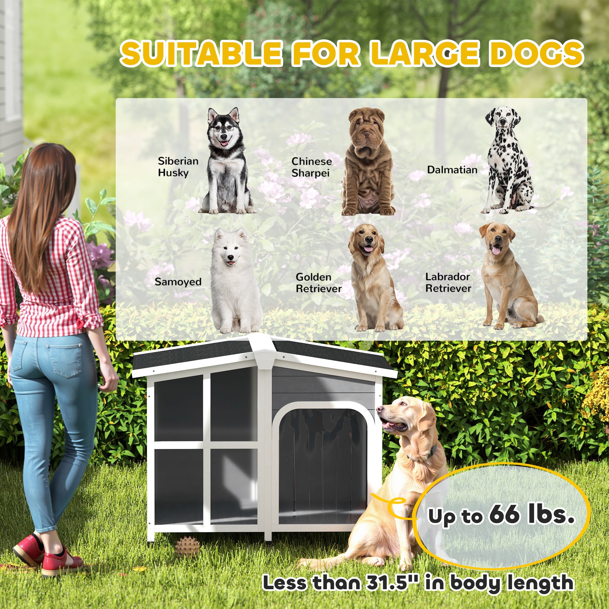 Cabin-Style Wooden Dog House for Large Dogs with Openable Roof & Giant Window, Dark Gray - Dark Gray - Image 4