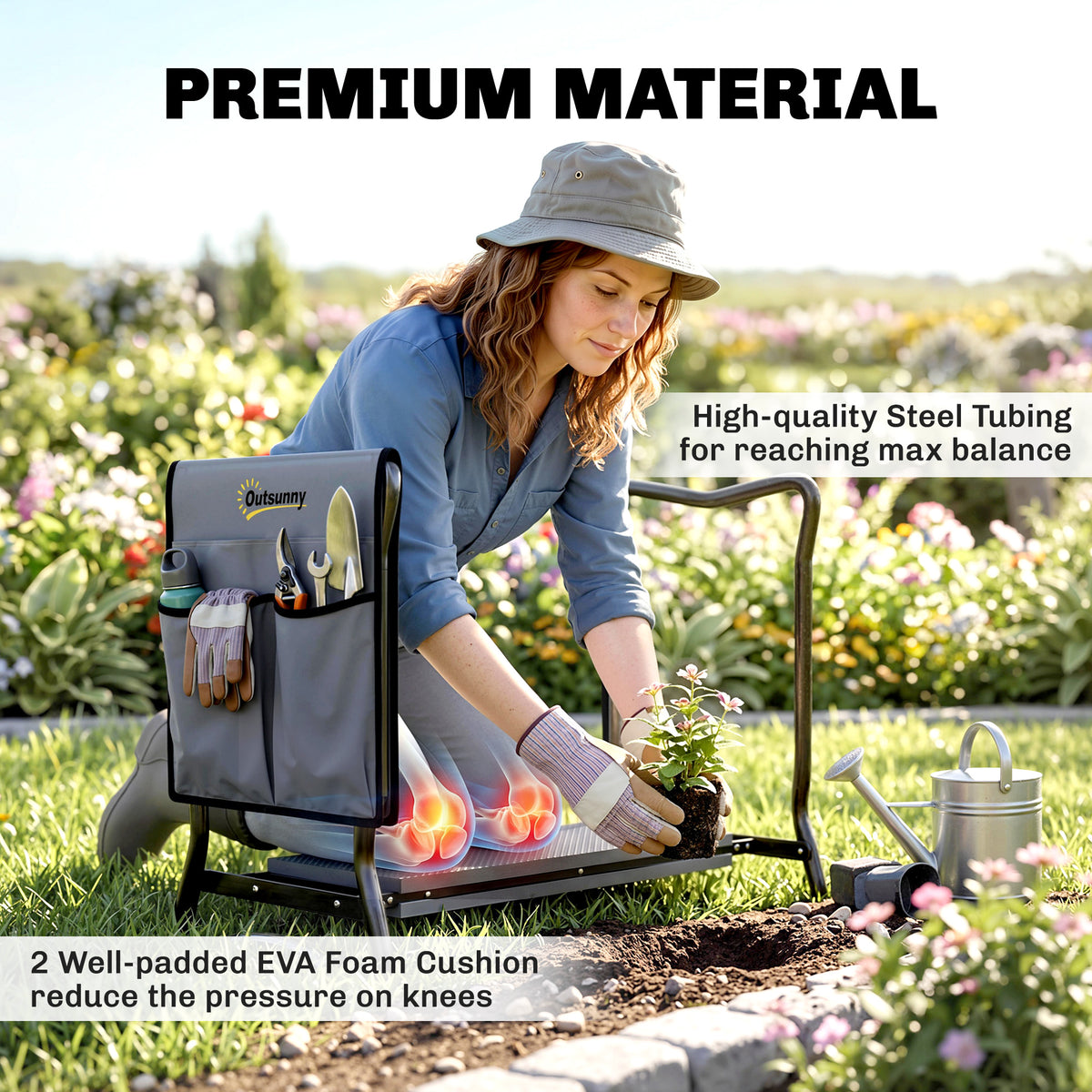 2-In-1 Garden Kneeler and Seat, Heavy Duty Foldable Garden Stool with Soft EVA Pad and Tool Pouch, Gray