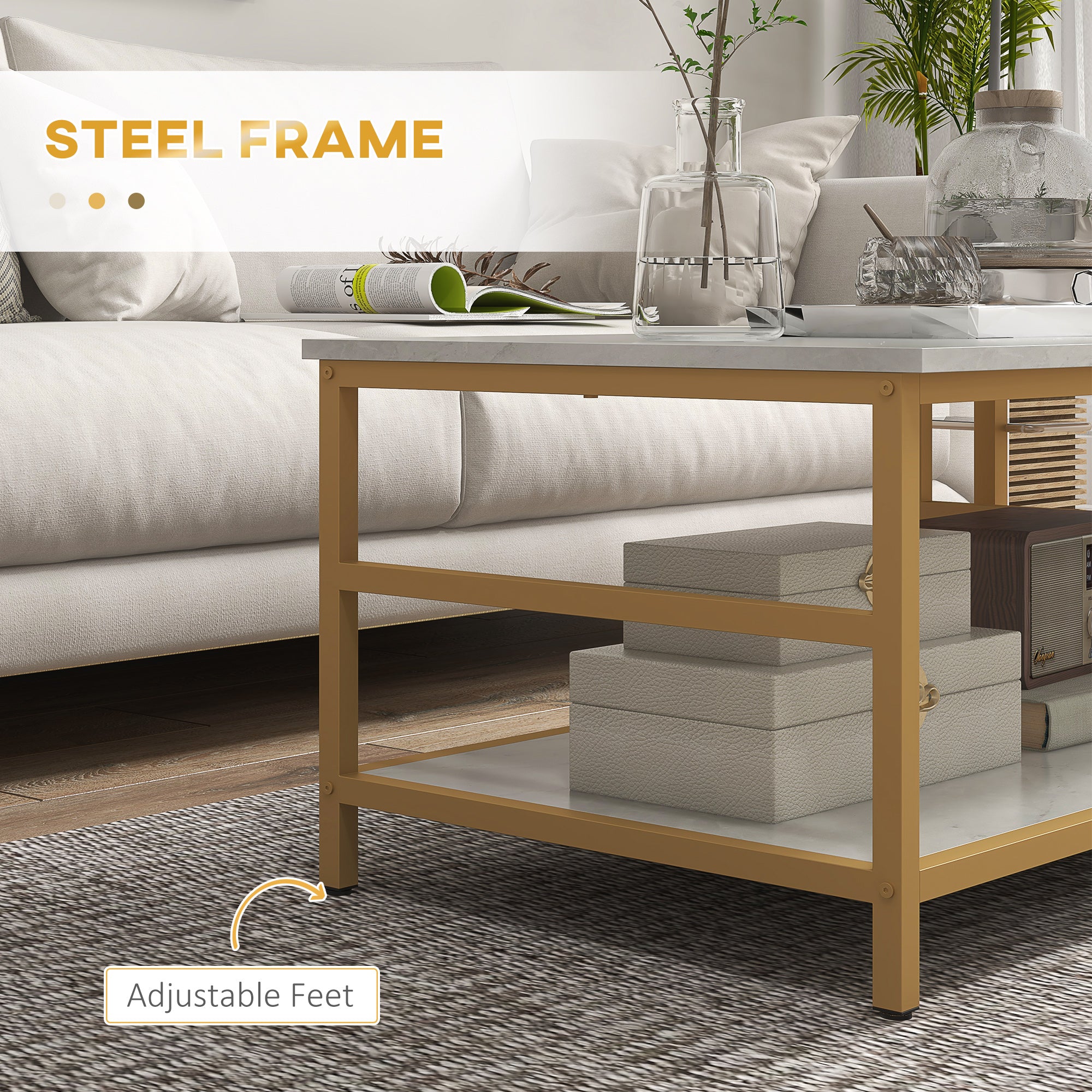 Coffee Tables Set of 2, Rectangle and Round Coffee Table with Storage Shelves, Faux Marble Top, Living Room Table Set