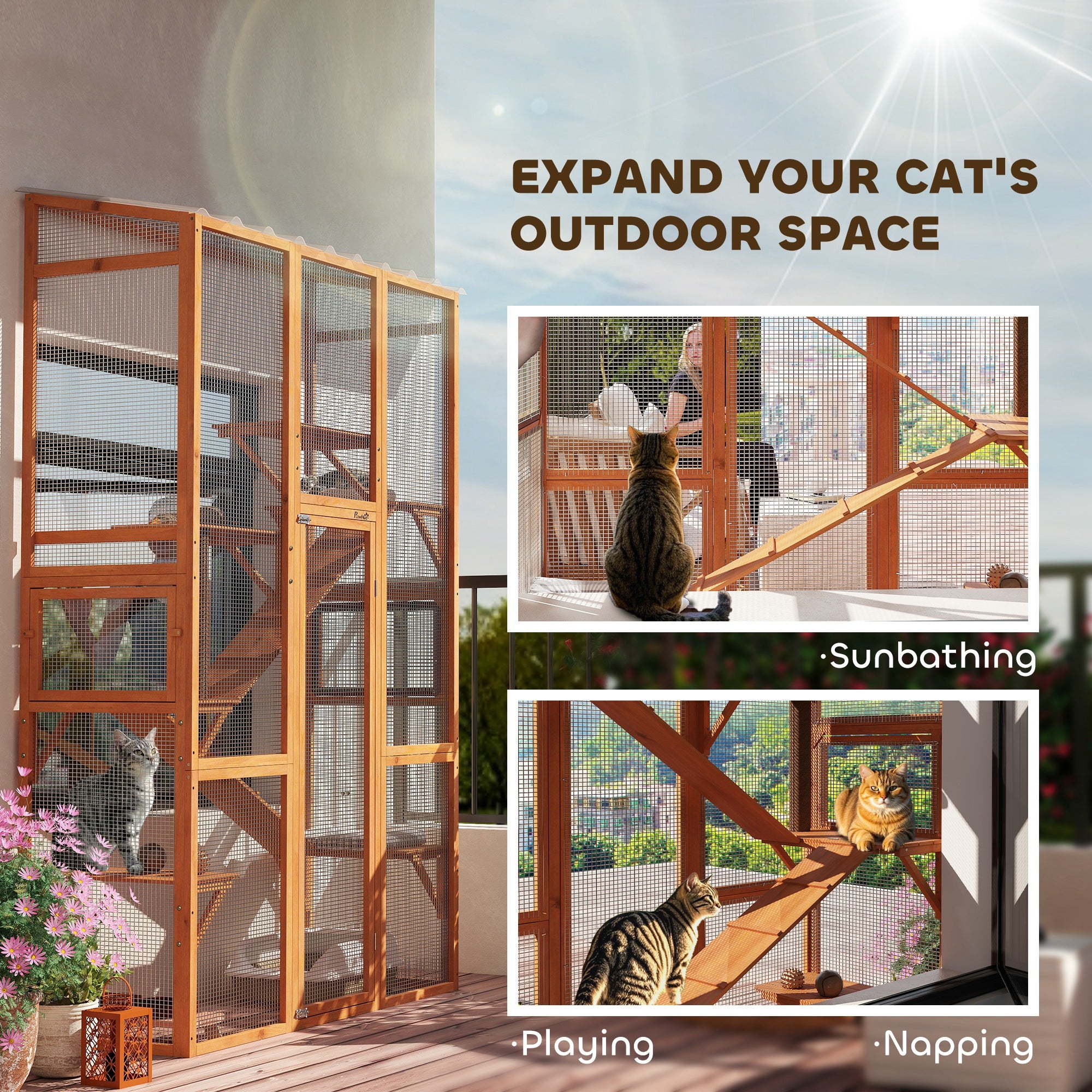Outdoor Catio Cat Enclosure, Large Wooden Cat House with 6 Jumping Platforms, Scratching Post, 2 Ramps, for 2-3 Kittens - Orange - Image 4