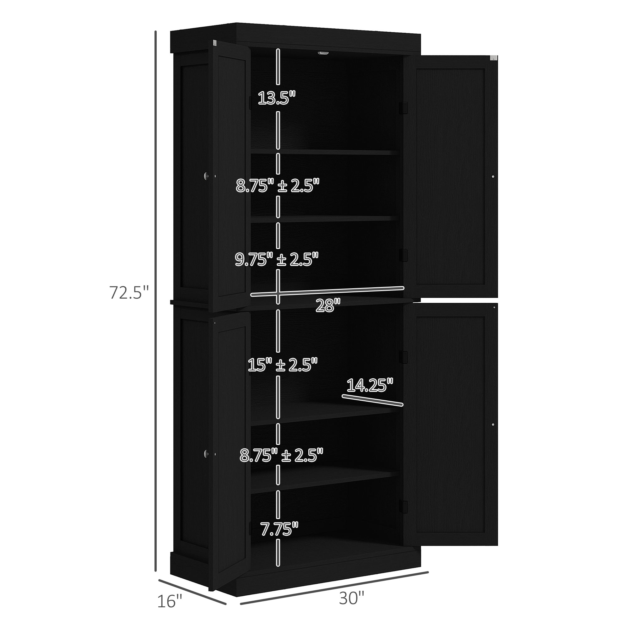 72" Kitchen Cabinet, Pantry Storage Cabinet with Doors and Shelves, Freestanding Food Pantry Cabinet, Black Wood Grain
