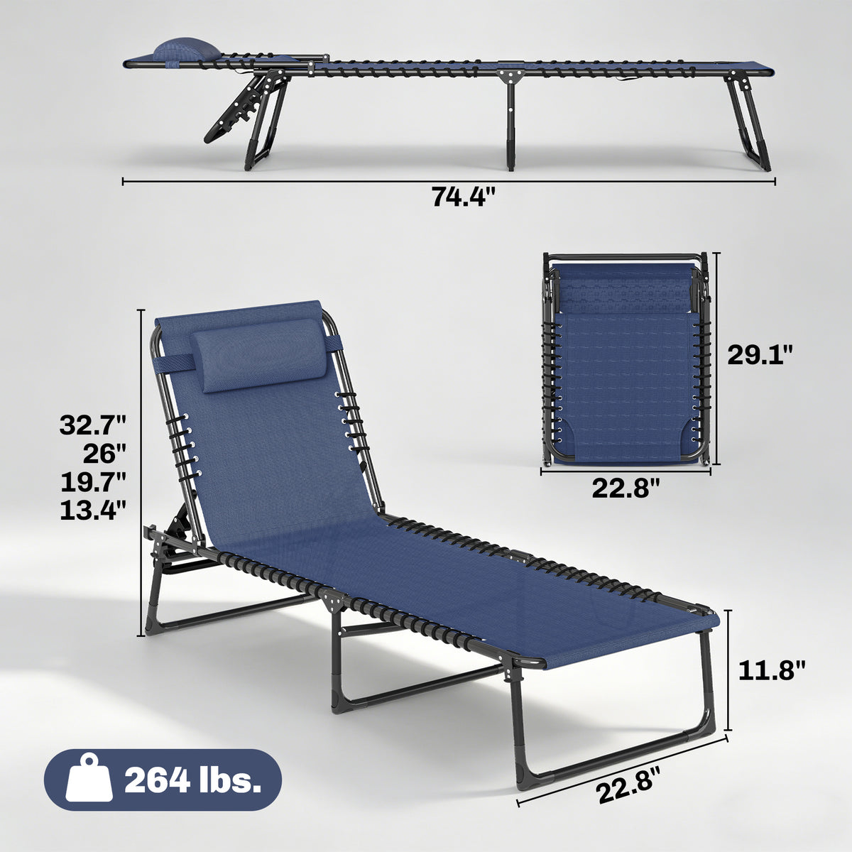 Folding Chaise Lounge Pool Chair with 4-Position Reclining Back, Pillow, Breathable Mesh & Bungee Seat, Dark Blue