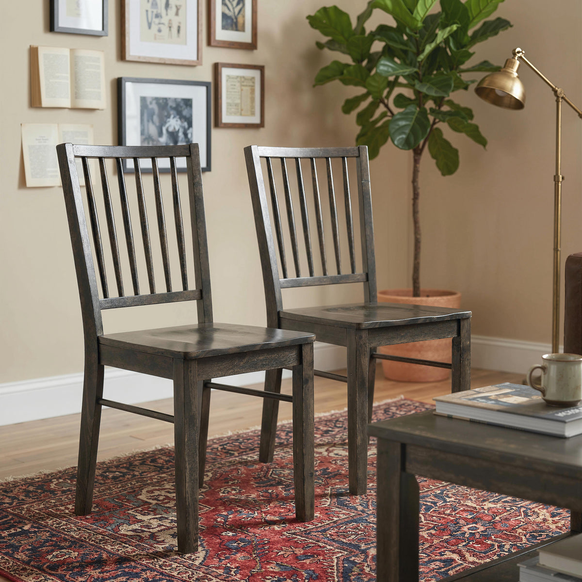 Dining Chairs Set of 2 Ergonomic Solid Wood, Armless Kitchen Chairs with Rubberwood Legs, Charcoal Gray