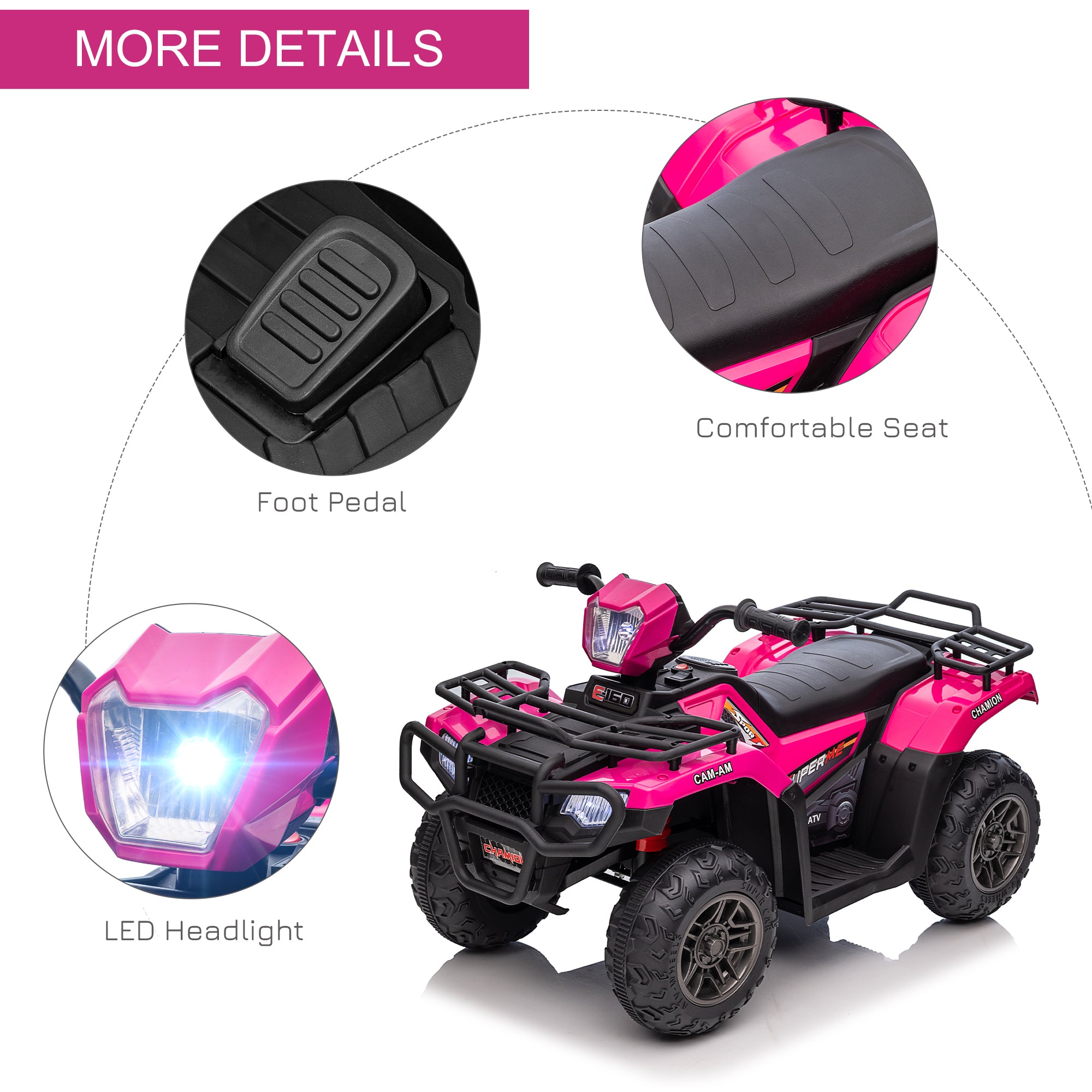 12V Electric Toy Car with Forward Backward Function, Music, LED Headlights, for Ages 3-5 Years, Pink