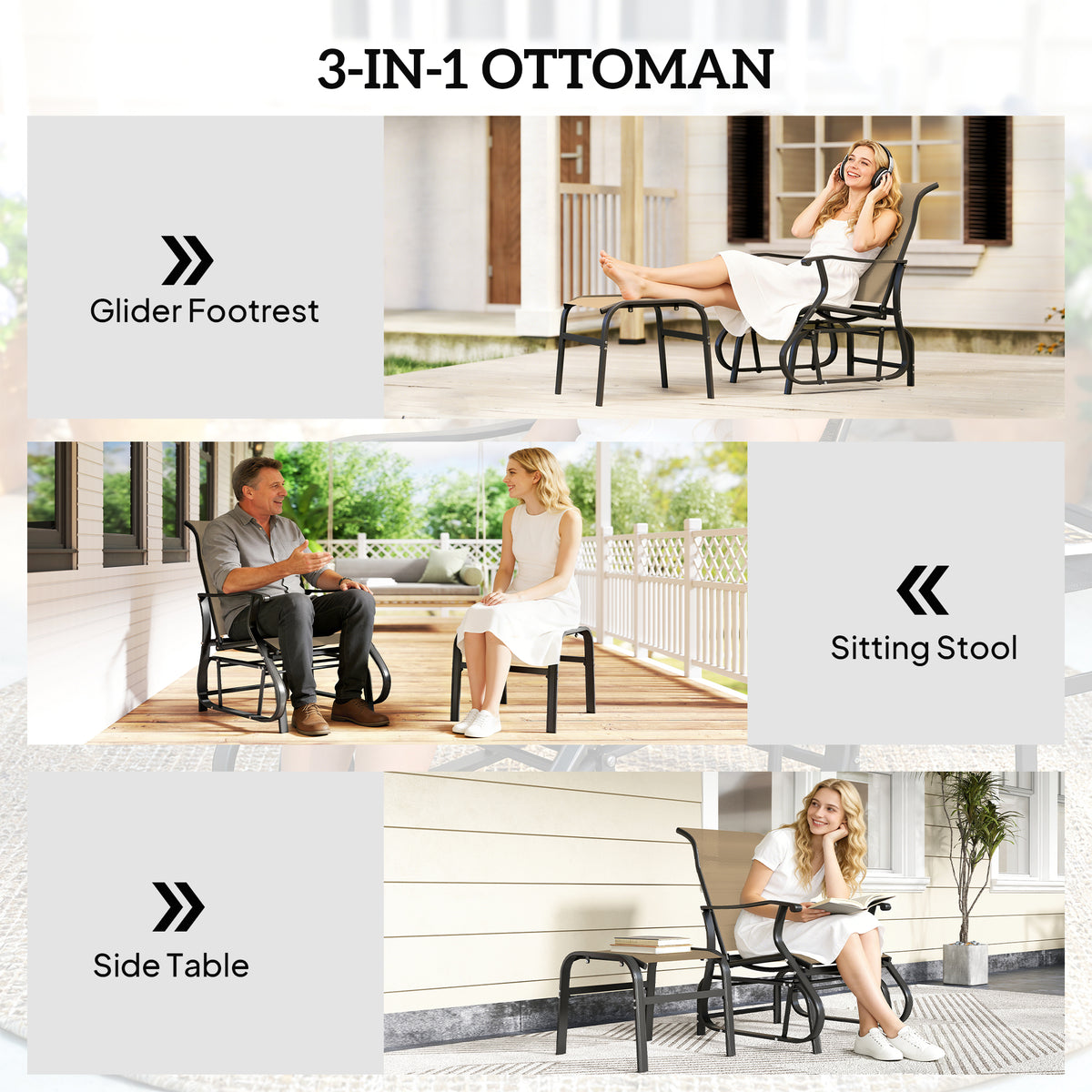 Outdoor Glider with Ottoman, Patio Glider Chair Set with High Back, Wide Seat for Porch, Garden, Backyard, Tan