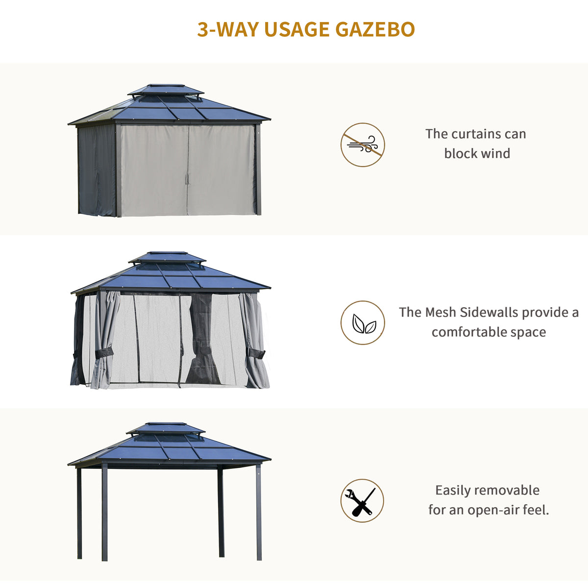 10' x 12' Hardtop Gazebo Canopy with Polycarbonate Roof, Aluminum Frame, Light Gray