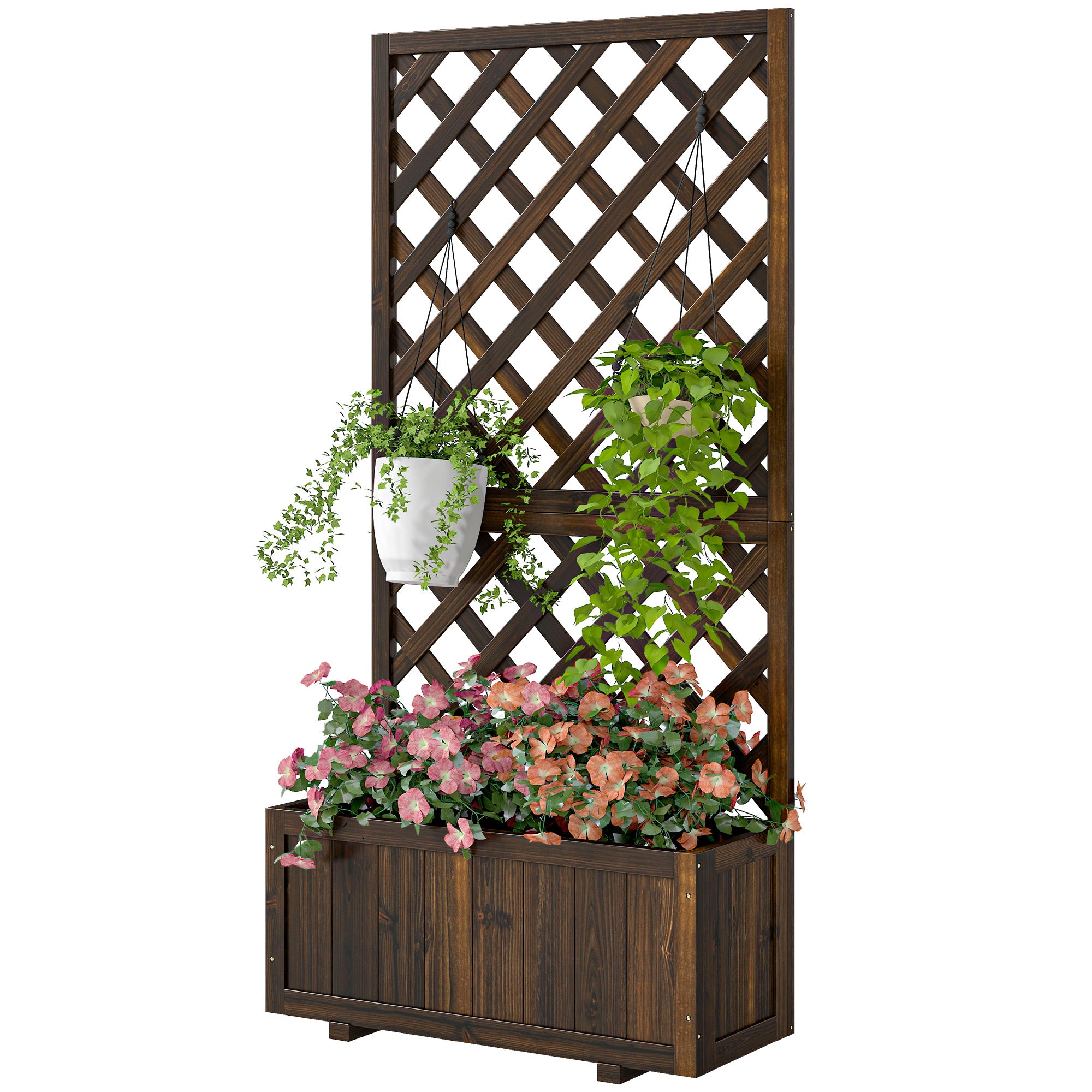 Wooden Raised Garden Bed Planting Planter Box with Trellis and Drain Holes for Climbing Vine Plants, Brown - Brown