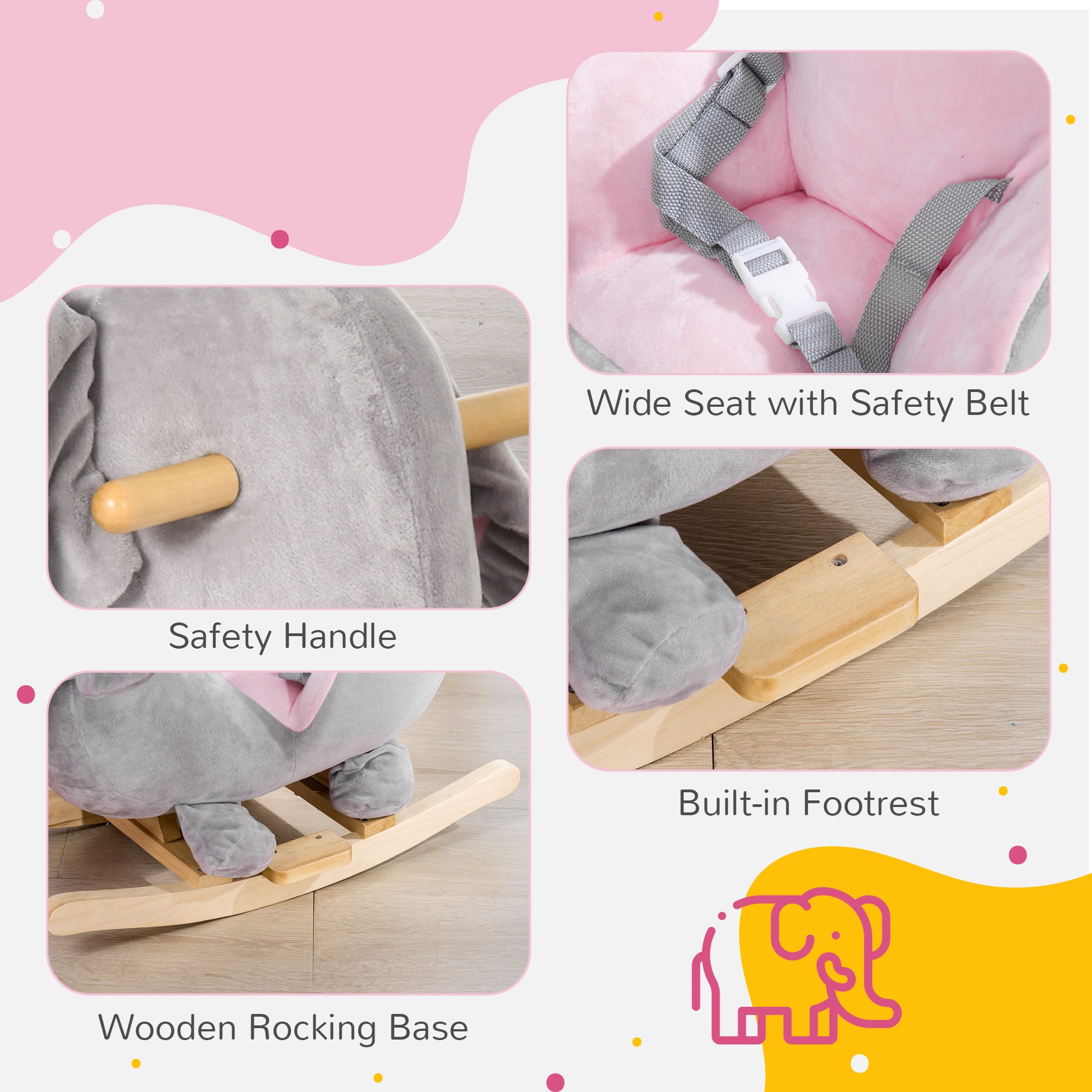 Baby Rocking Horse Elephant Rocking Chair Toddler Rocker Toy with Sound Wooden Base Seat for 1.5-3 Year Old, Gray