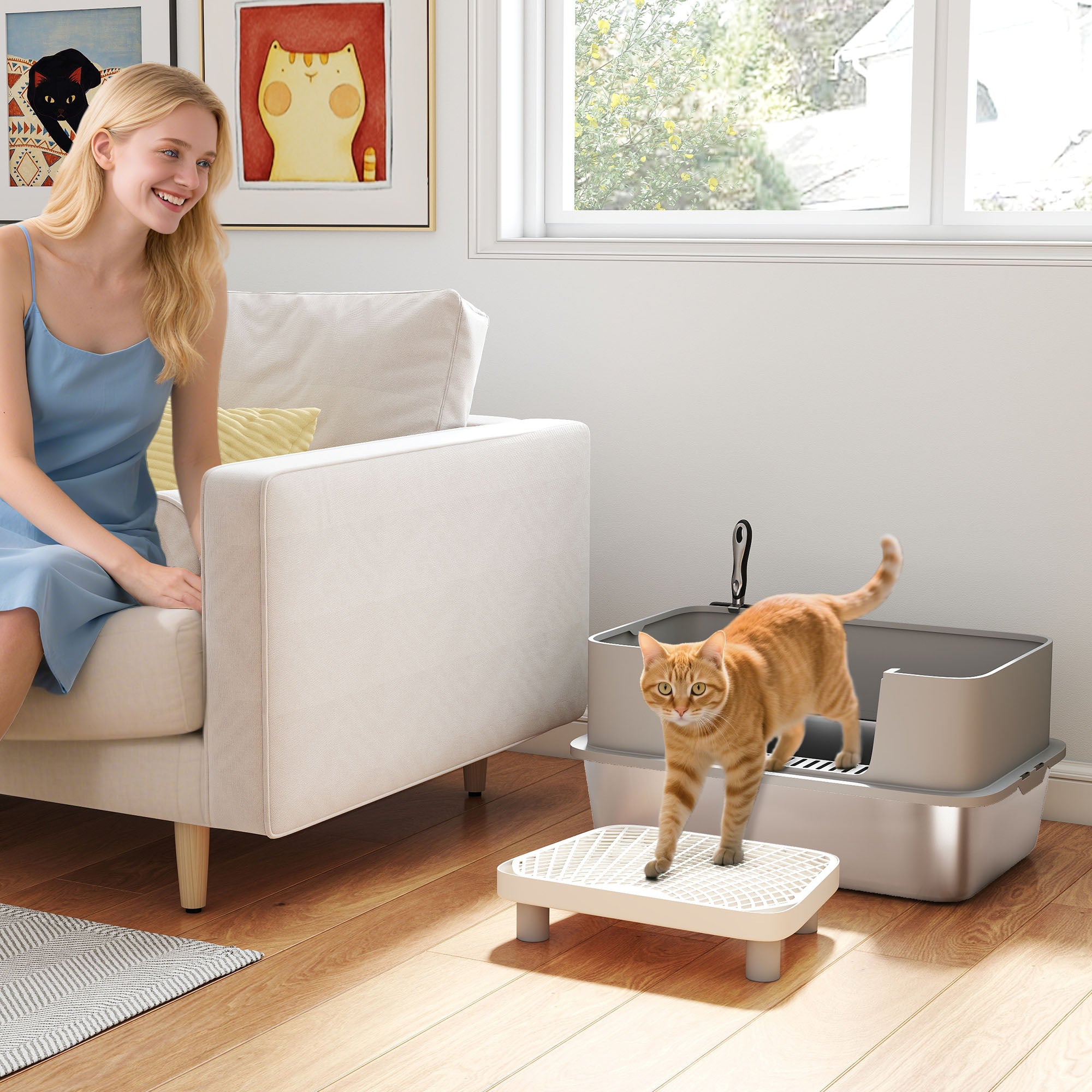 Stainless Steel Litter Box with High Sides, Metal Cat Litter Box with Scoop, Pedal, Anti-Urine Leakage, Non-Sticky - Gray - Image 2